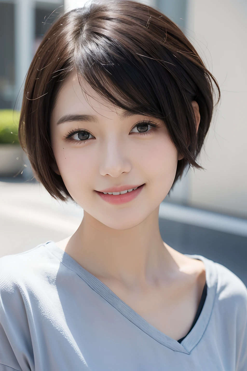 Front face、a smile、short-hair、Female, 21 years old