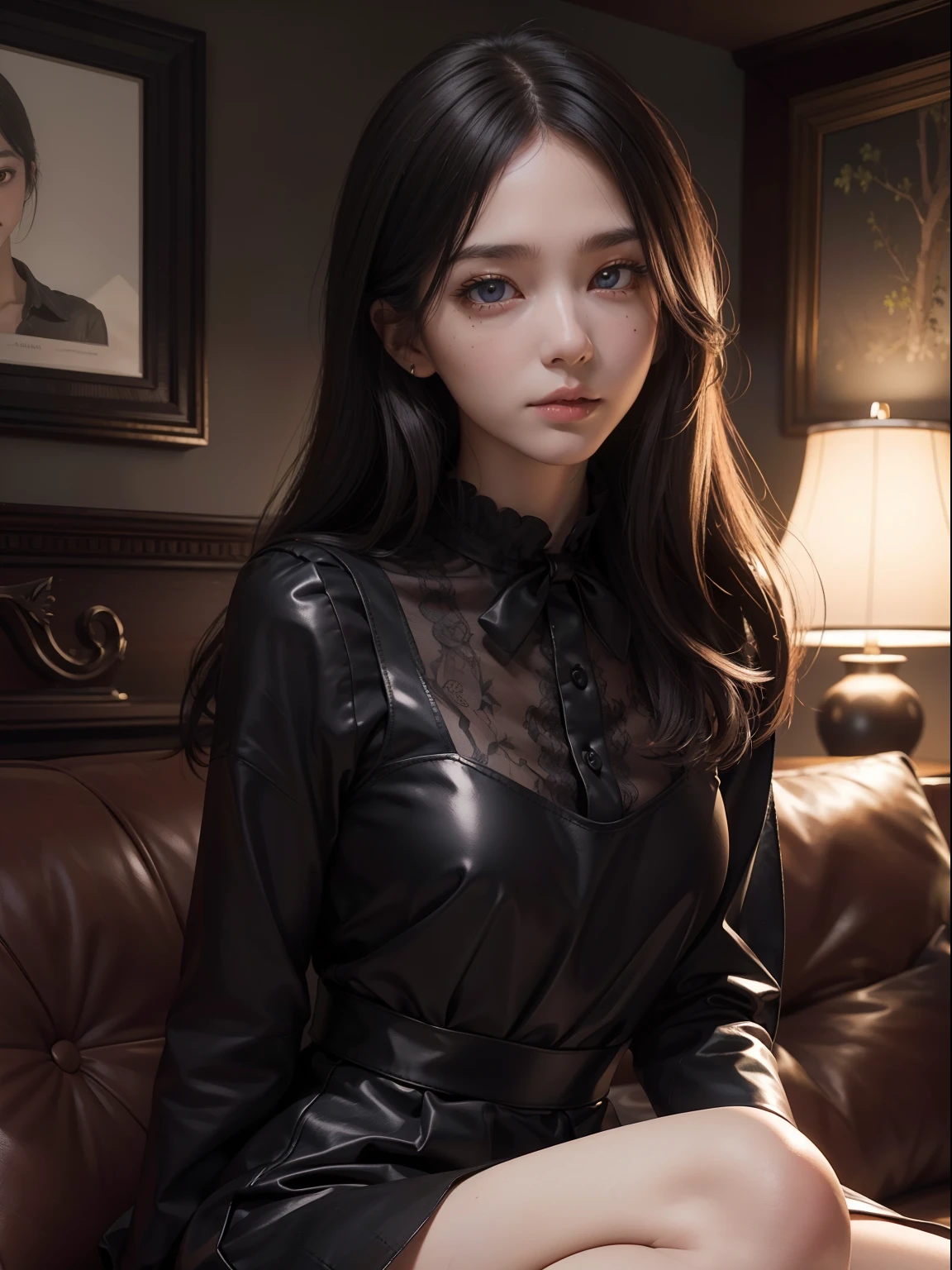 (Hyper-realistic), (Illustration), (High resolution), (8K), (Extremely detailed), (Best Illustration), Yol ( chain saw man ), (Beautiful detailed eyes), (Best Quality), (Ultra-detailed), (masutepiece), (Wallpaper), (Detailed face), Solo, Upper body, Focus on Face, 1 girl, Long Black Hair, Korean, Thin eyeshadow, A detailed eye, Brown eyes, Small moles under the eyes, very slender legs,Long sleeve shirt, Neckbow,  Small breasts,Black leather shoes,pinafore dress, Dynamic Pose, low illuminance, Night, Dark, Clouds, a dark night,sit on sofa,