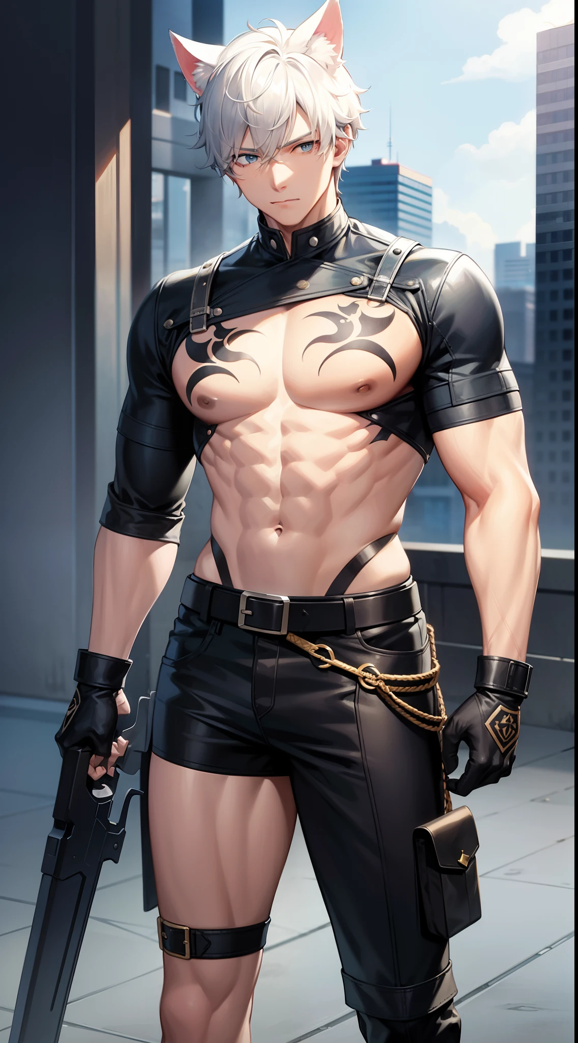 Grown-up guy, short white hair, cat ears, blue eyes, Combat uniform, musculature, open torso, belts, Scars, tattoo, claws, Masterpiece, hiquality, 4k, HD, Good detail