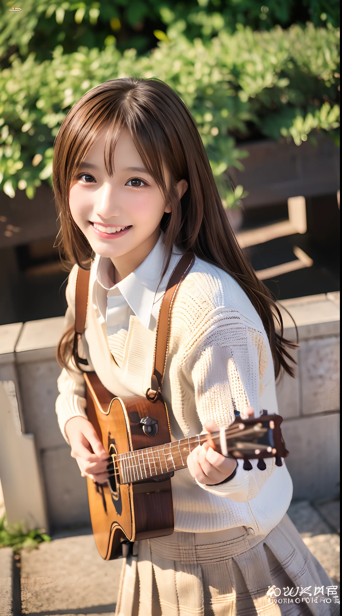 4K、Raw photo、Photoreal Stick、hight resolution , 18yo woman、Face like an idol、((Tanned skin 1.6))、Brown hair、Wavy Hair、With bangs、Playing acoustic guitar、White knitted sweater、collared shirt、School Uniforms mini Skirt、Ministry、Happy smiling face