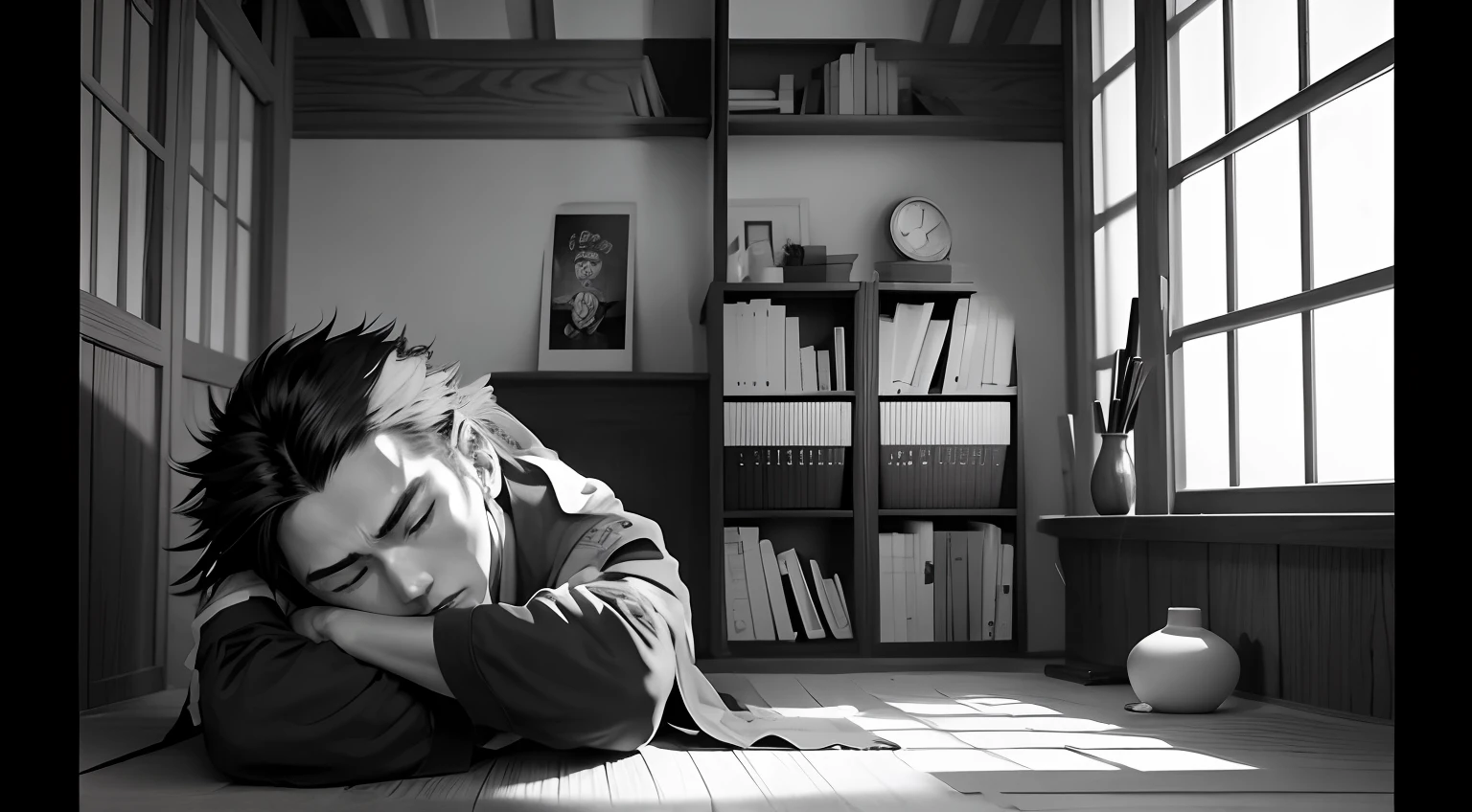 manga , black and white  , book shelf  , room