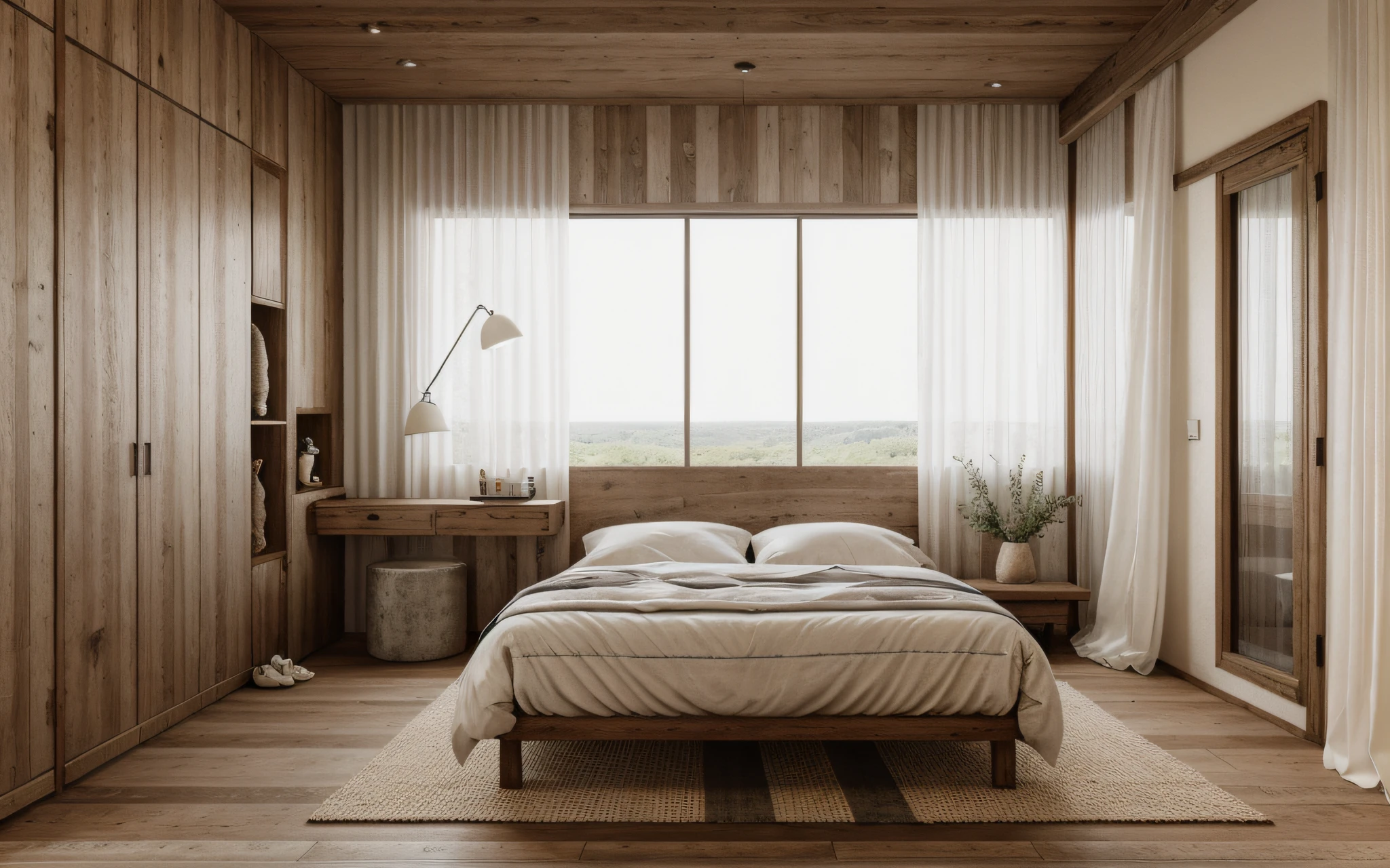 wabi-sabi bedroom interior, wabi-sabi interior style, design tends to be minimalist, calming and natural atmosphere, ((gray and white color scheme)), ((rough-hewn wood)), handmade textiles,natural fabrics, tab, lamp, rug, wood floor, drapes,glass window, (rough-hewn ceiling), (rough-hewn wall), television, rough-hewn wood cabinet, picture frames, antique furniture and decor items, moody light