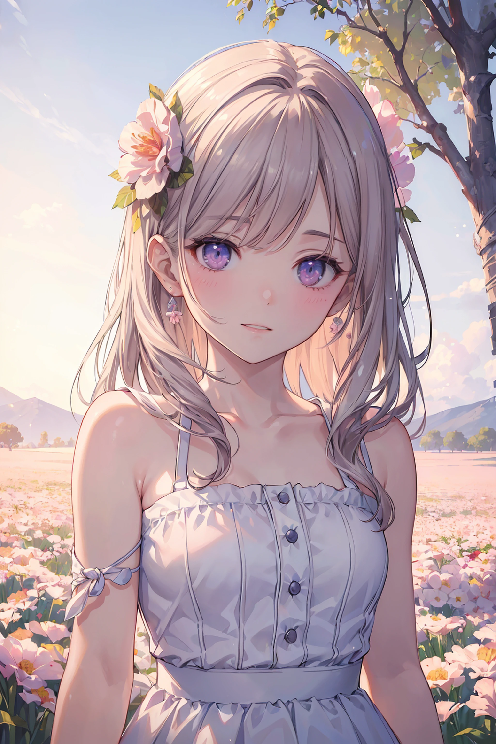 (best quality,masterpiece,ultra-high resolution,photorealistic:1.4),realistic,detailed eyes,detailed lips,girl in a white dress,shoulder bare,pink flower field in full bloom, glowing skin, subtle smile.