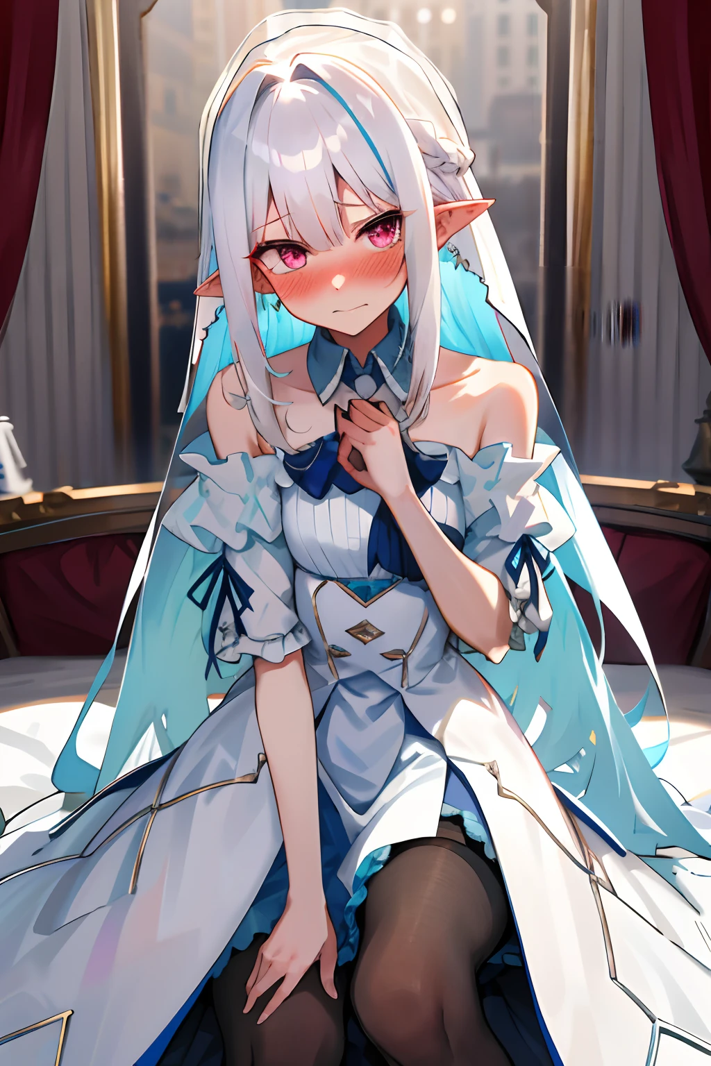 One girl with long hair, white hair, looking at viewer, embarrassed, blushing, indoor , wedding dress, wedding veil, thigh, pointy ears, perfect waist, pantyhose, bed, sit on, spread legs, night atmosphere