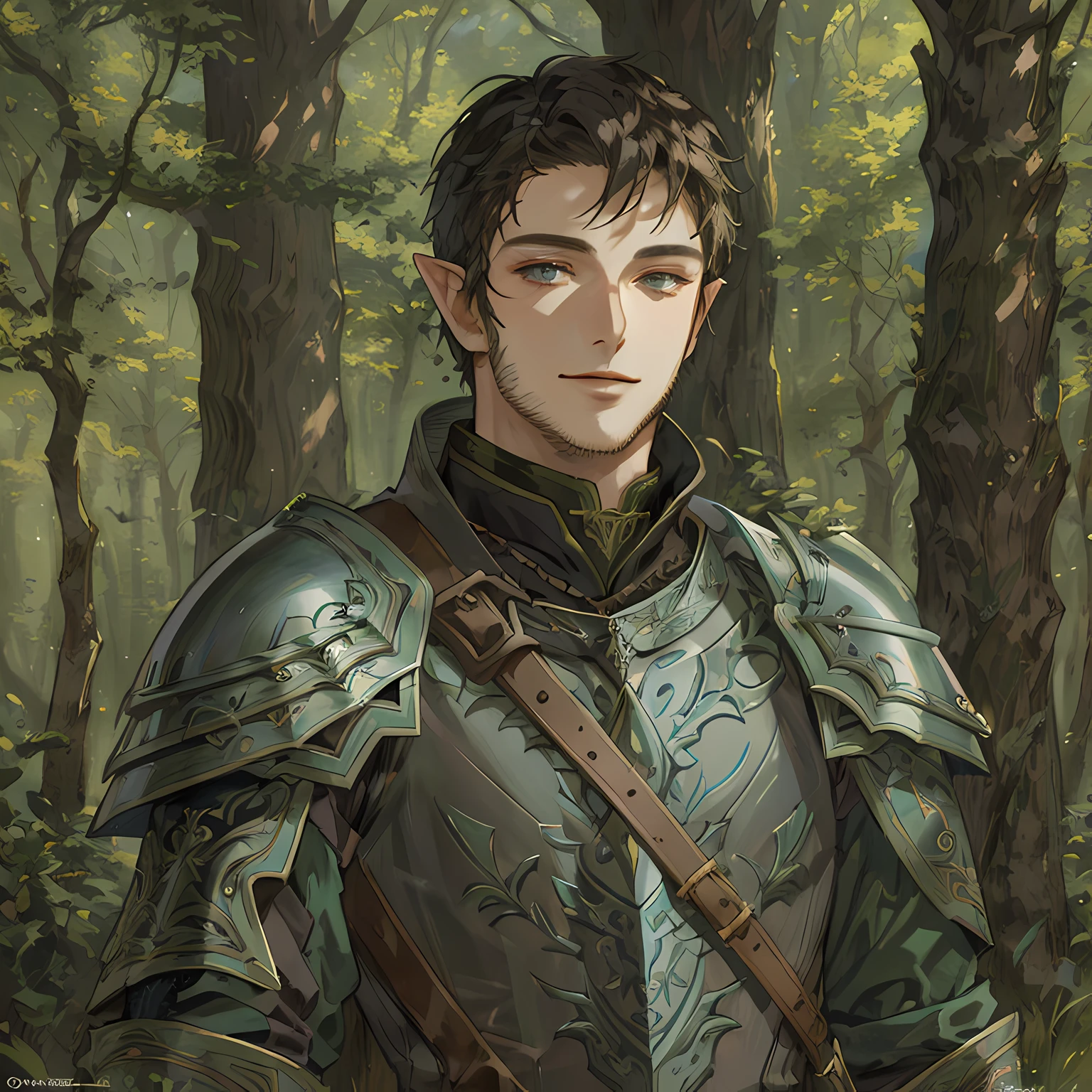 there is a man in armor standing in the woods, a portrait of a male elf, fantasy male portrait, arsen lupin as a paladin, fantasy art smug smile man, male elf ranger, portrait of fin wildcloak, dnd character art portrait, fantasy character portrait, detailed character portrait, character art portrait, fantasy characture portrait, character portrait art