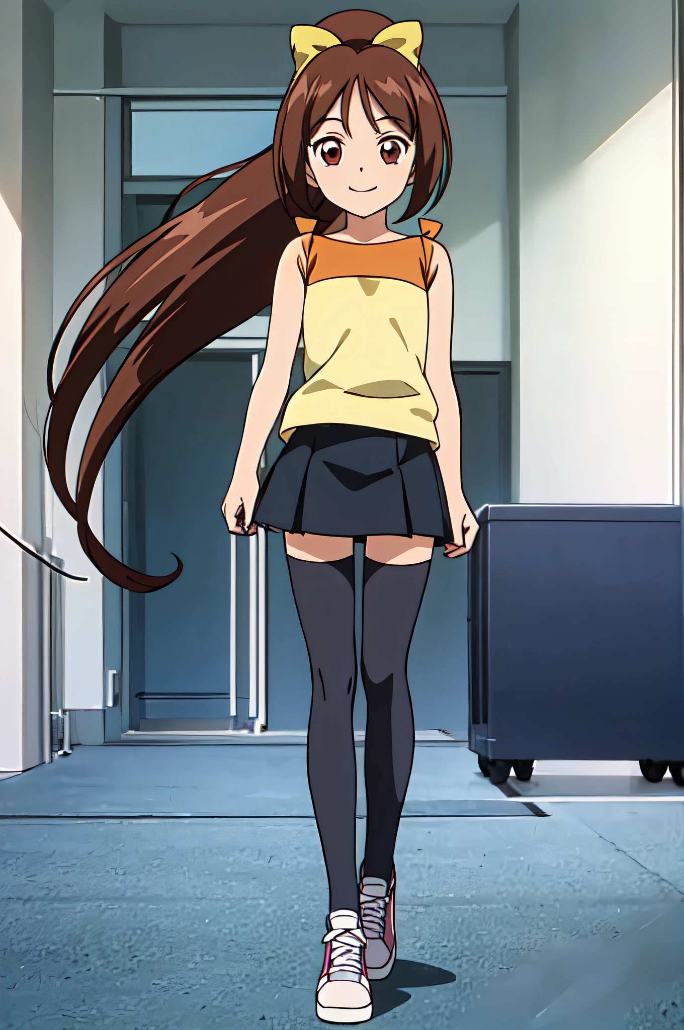 SNDMIO, brown eyes, long hair, brown hair, ponytail, hair bow, short skirt, thighhighs, zettai ryouiki, 1girl, solo, facing viewer, looking at viewer, smile.