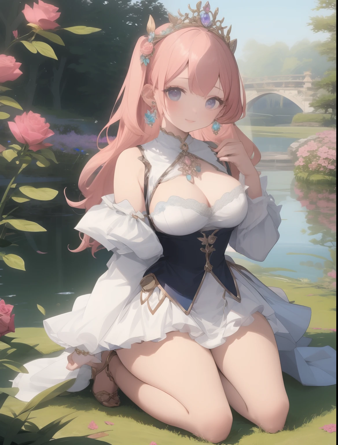 Pink rose garden and lake background)) Beautiful timed princess, In (( Romantic Setige)) Wear dark blue crystal earrings, Pink big breasts,pantiess,Harnes,stocklings,underdressing,kneeling down,buttocks visible,Chu Chu pitiful,Beg,perspire,butterflys,propose,