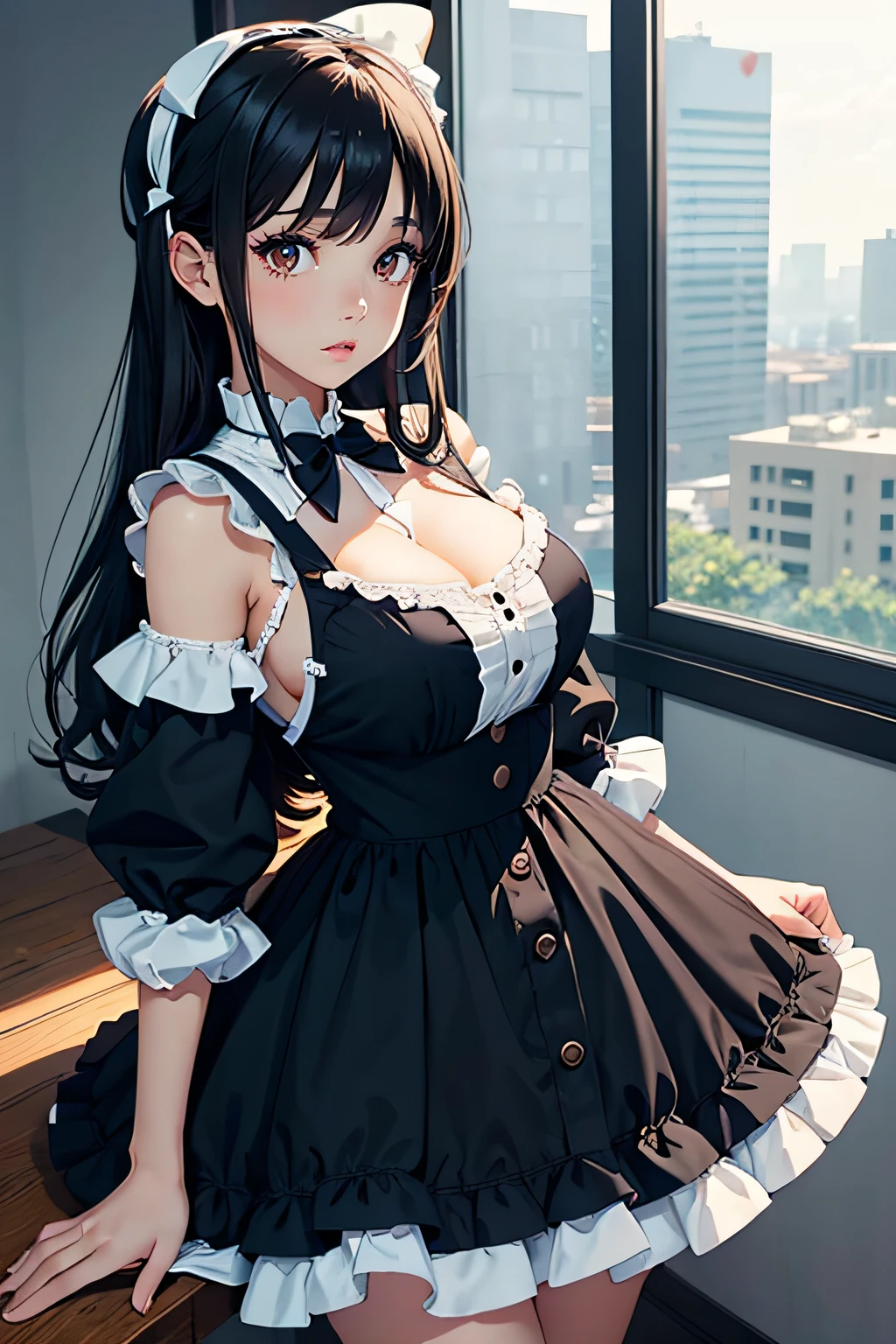 1girl, innocent, lolita dress, adorable clothing, large breasts, black hair, brown eyes, beautiful face, megaman, video game, detailed features