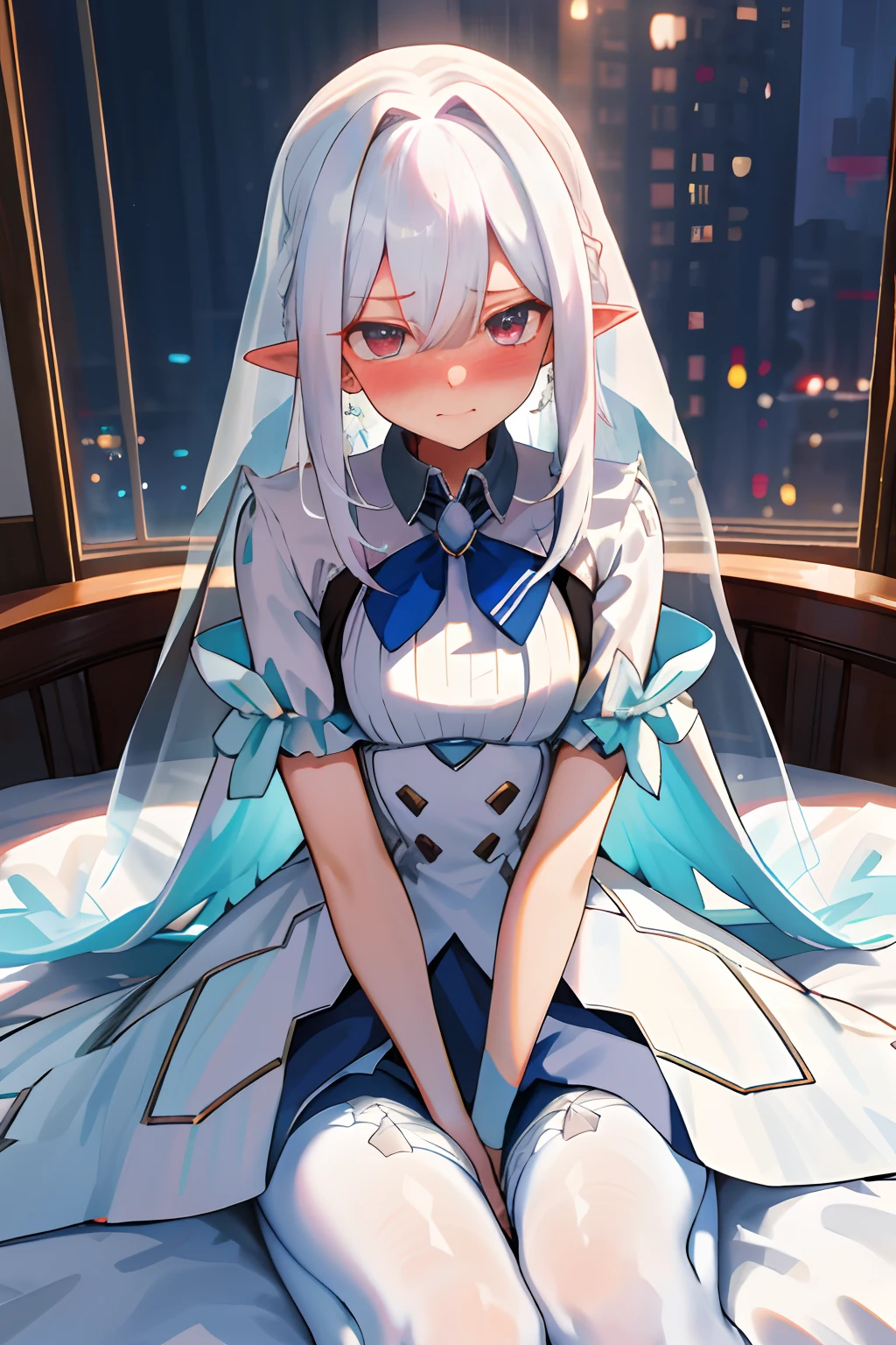 One girl with long hair, white hair, looking at viewer, embarrassed, blushing, tears, indoor , wedding dress, wedding veil, pointy ears, perfect waist, pantyhose, bed, sit on, spread legs, night atmosphere, hair ornament, open arms for viewer