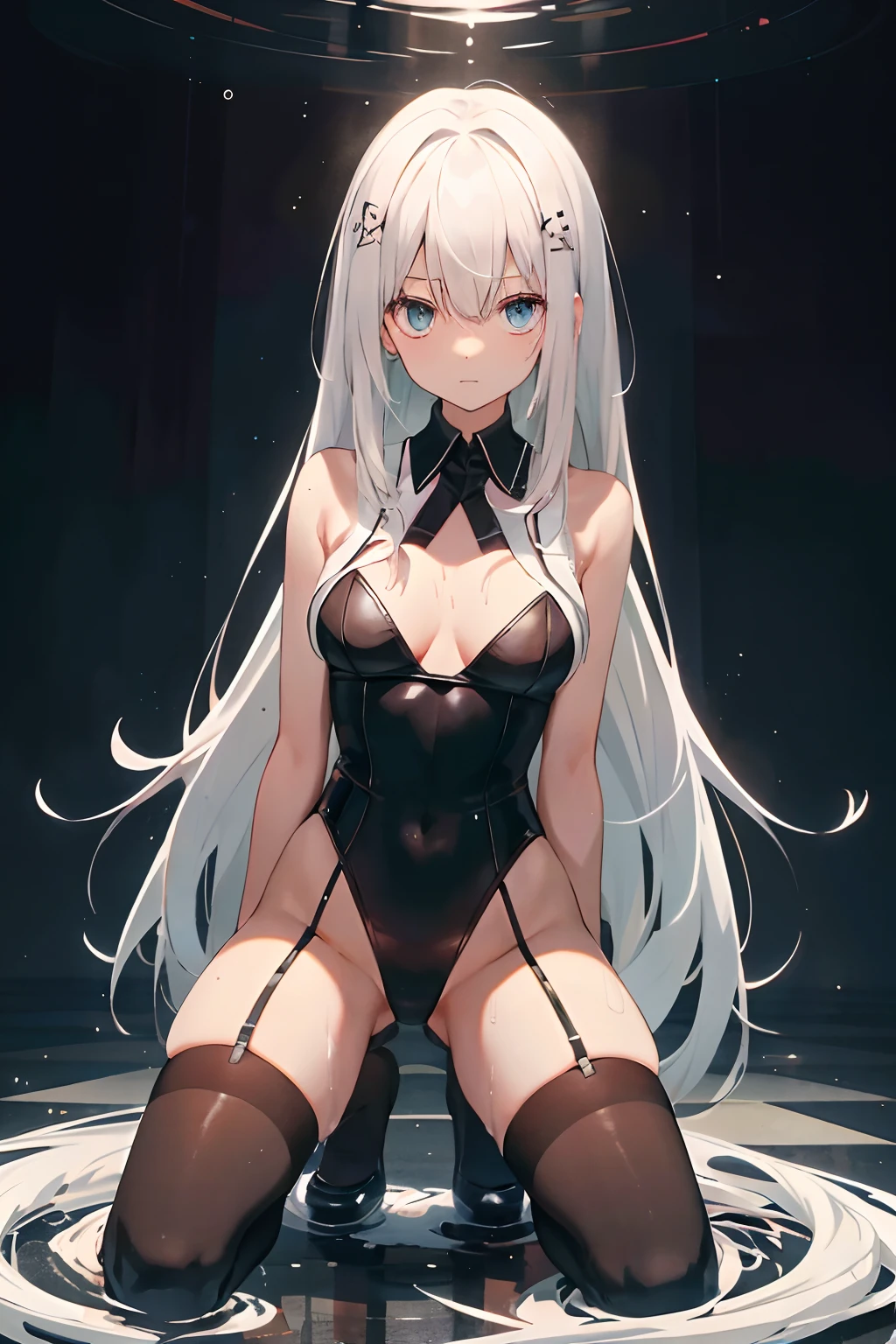 (White-haired girl),(Black underwear,black lence stockings)(quadratic element),(The whole body is soaked,Kneeling)