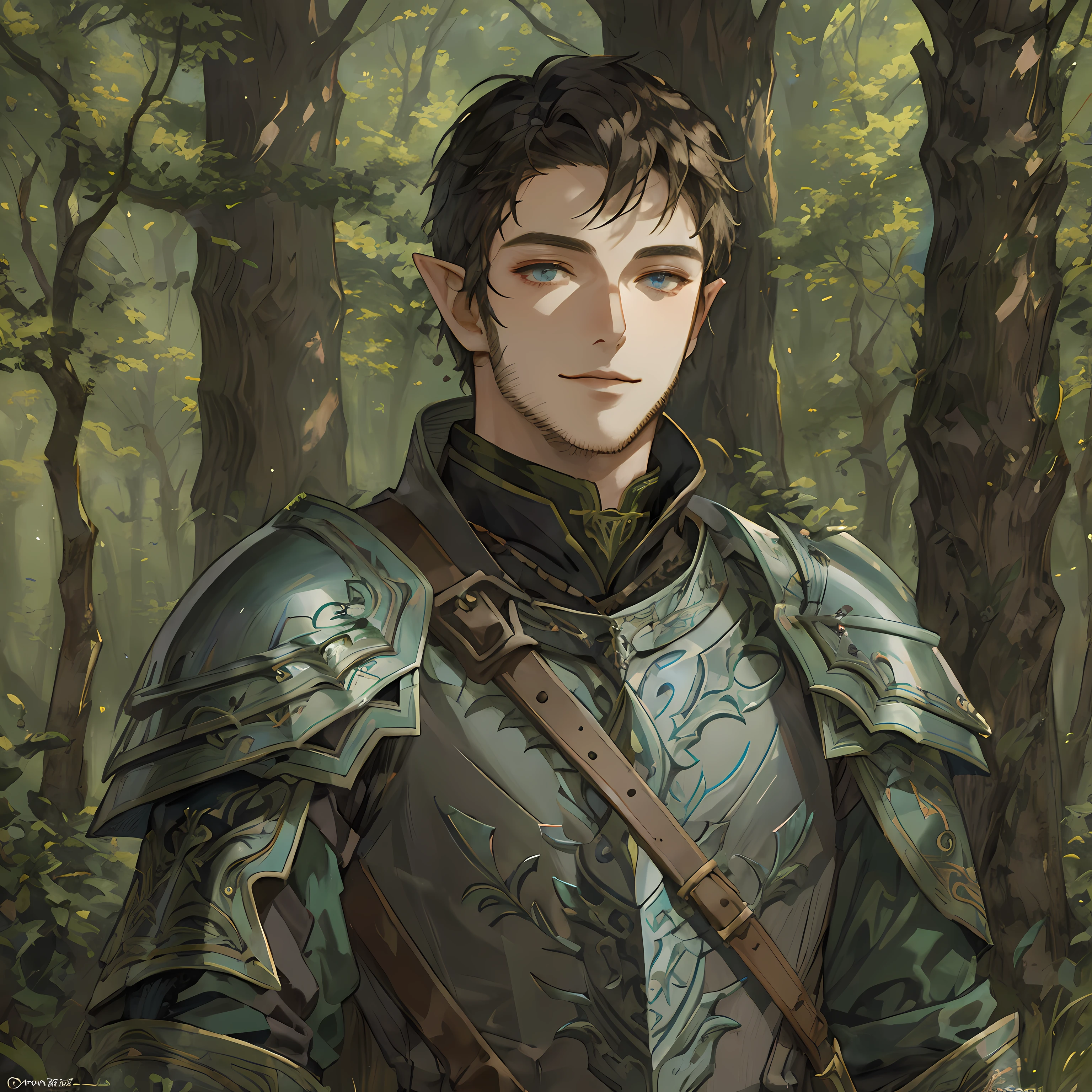 there is a man in armor standing in the woods, a portrait of a male elf, fantasy male portrait, arsen lupin as a paladin, fantasy art smug smile man, male elf ranger, portrait of fin wildcloak, dnd character art portrait, fantasy character portrait, detailed character portrait, character art portrait, fantasy characture portrait, character portrait art