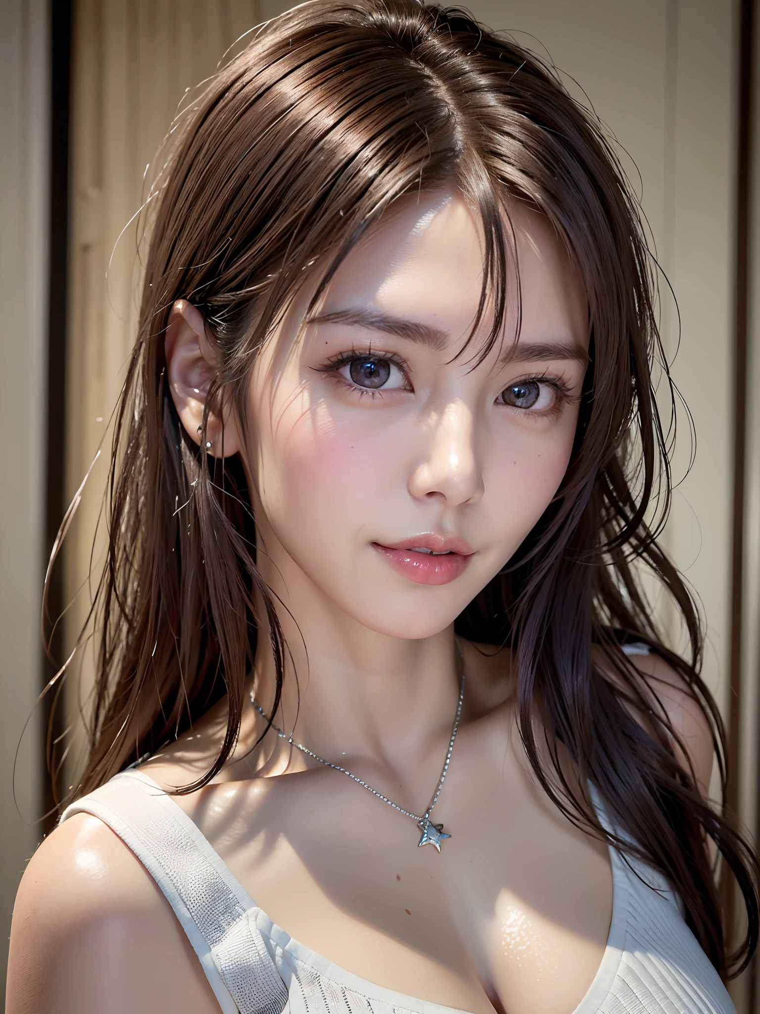 (in 8K, top-quality, masterpiece:1.2), (realisitic, Photorealsitic:1.37), ultra-detailliert, Natural sunlight, mideum breasts, I can see the cleavage, 1 persons, 25 year old woman, Pendants, Torn shorts, Light Knit V-Neck Shirt, At the time of performance, extremely detailed face and skin, A detailed eye, extremely detailed face and skin