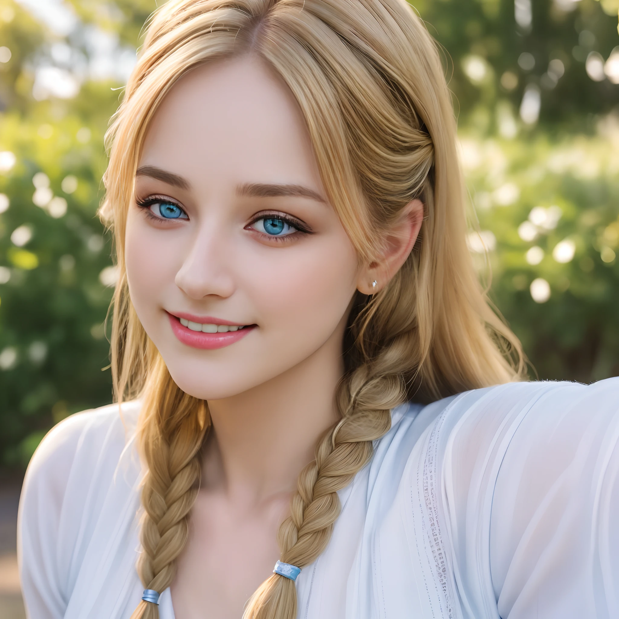 (best quality,8k),(ultra-detailed,highres:1.2),(realistic,photo-realistic:1.37),(HDR,UHD),(professional,vivid colors,bokeh),(portraits),(beautiful detailed eyes,beautiful detailed lips,extremely detailed eyes and face,longeyelashes),blonde hair,two cute braids,holding a smartphone,taking a selfie,outdoors,USA background,blurred background,beautiful smile,young woman,24 years old