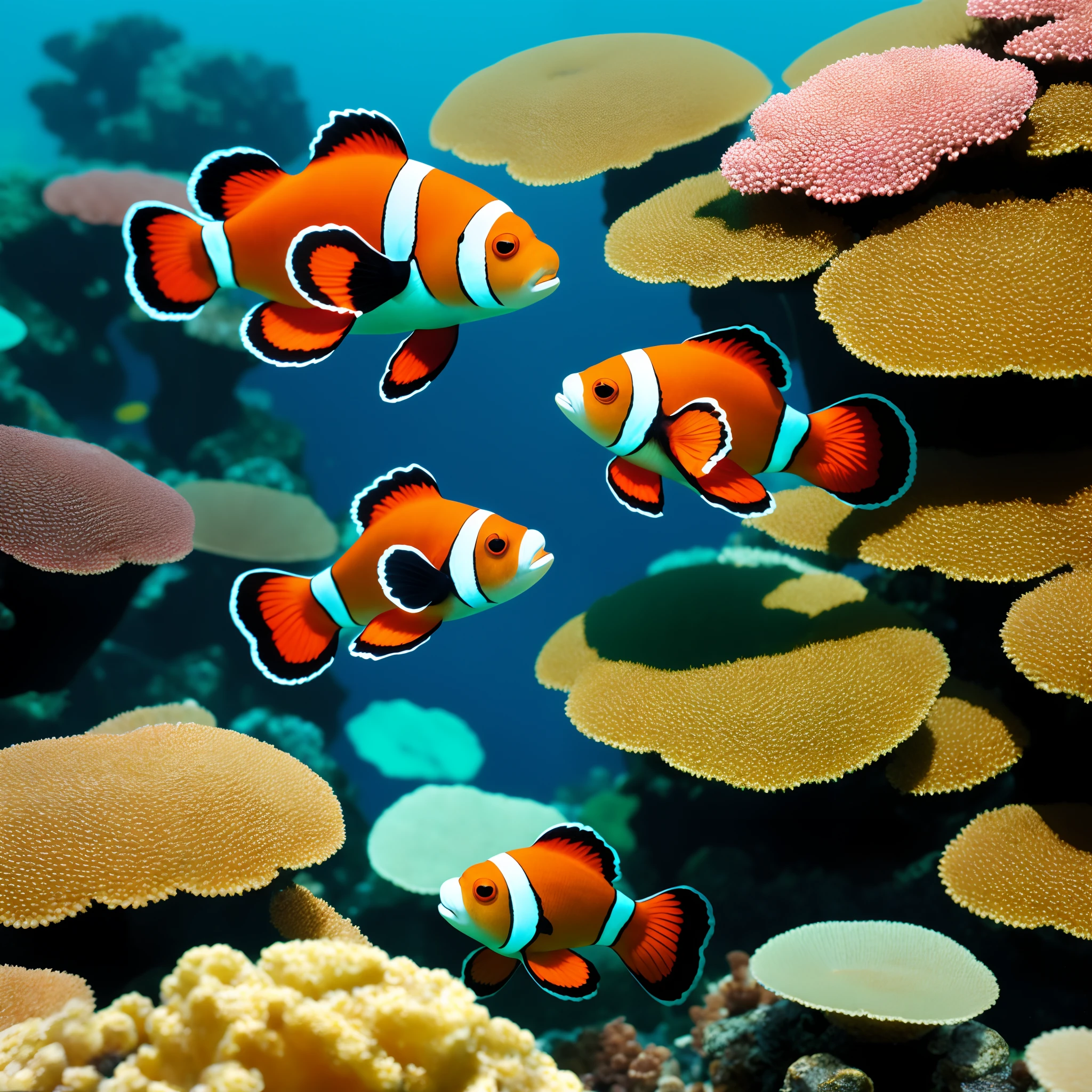 Two large clownfish and two small clownfish swimming around in the coral。cartoony,3 d model