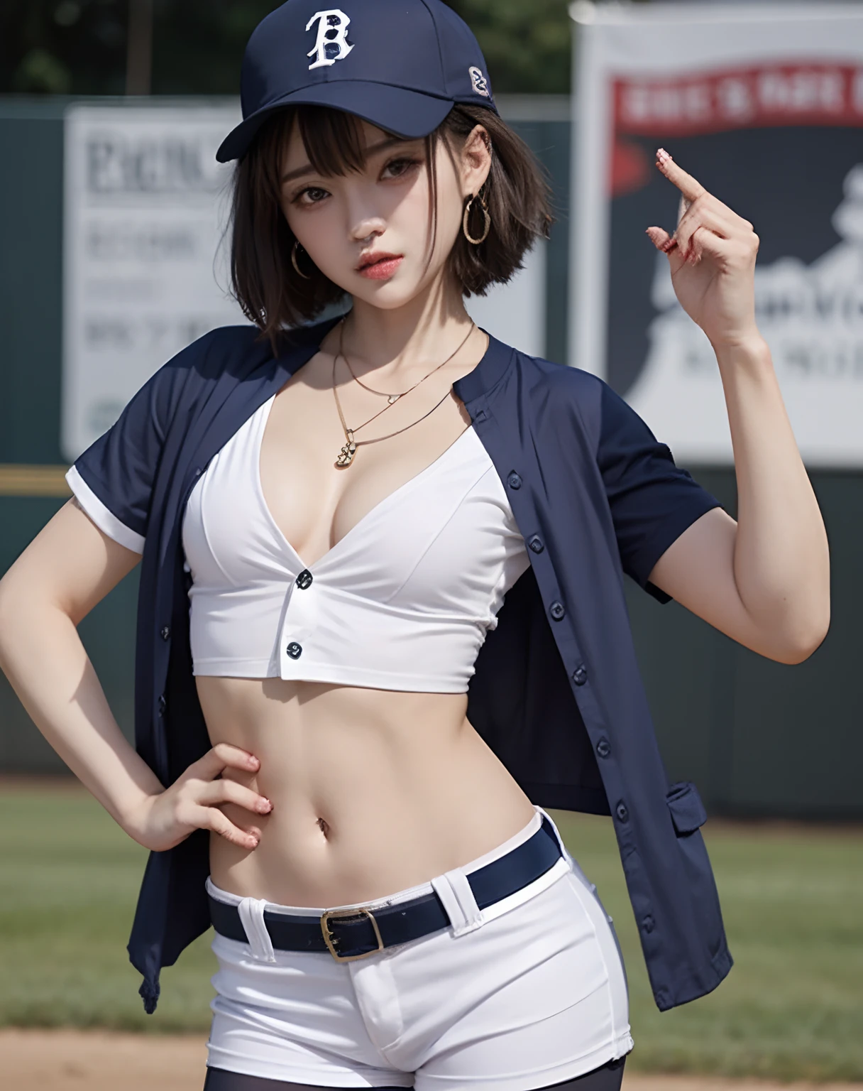 Woman in baseball button type uniform、1woman、(((flat chest)))、short-hair、shortpants、Full Body Pose、a necklace、ear piercings、A sexy