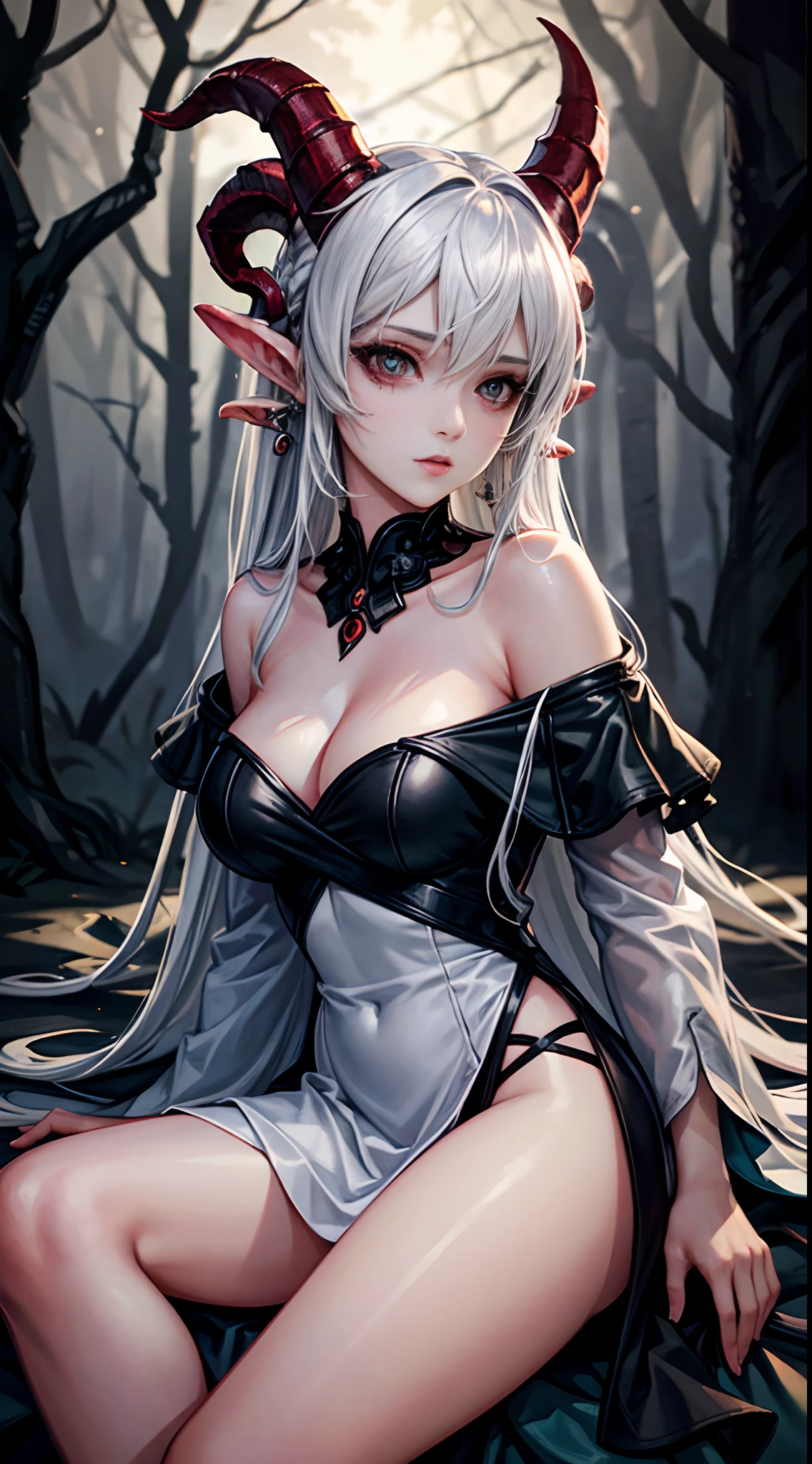 frozen forest as background, female devil with the horns, fire as background, White color hair, Off-the-shoulder attire, sexy dress, masterpiece, (high detail:1.1), Rough face, seductive, sexy pose, fashion model posing, Large breasts, Natural skin, high quality, NSFW, beautiful eyes, (Detailed face and eyes), (the face: 1 2), noises, Extra, real photograph, PSD, Lamp film photography, sharp focus, contrasty lighting, Delicate skin, High resolution 8K, insanely details, realistic-lying, professional photo shooting, 8K UHD, SLR camera, soft lighting, high high quality, film-grain, Fuji film XT3