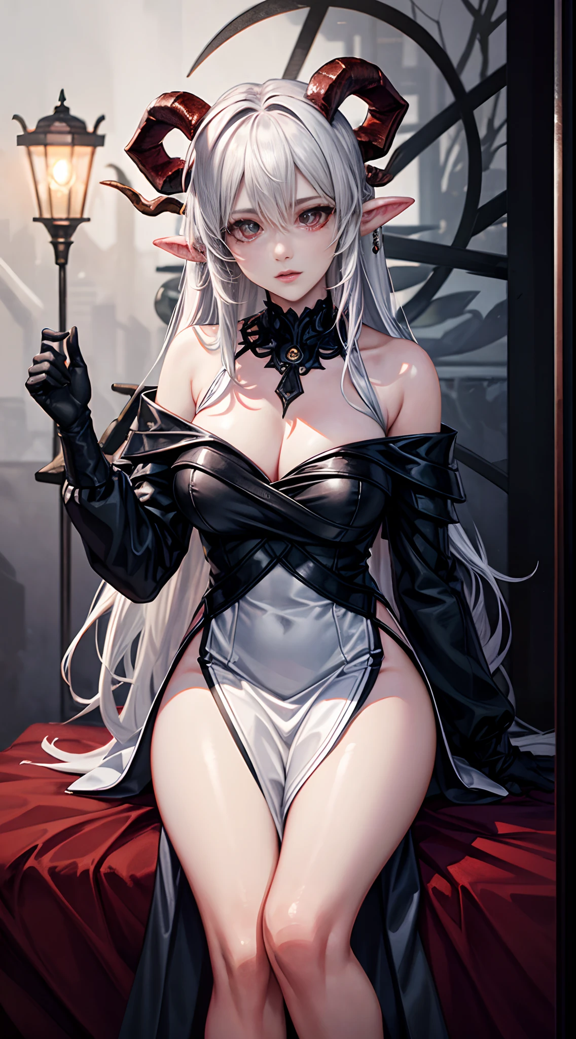 frozen forest as background, female devil with the horns, fire as background, White color hair, Off-the-shoulder attire, sexy dress, masterpiece, (high detail:1.1), Rough face, seductive, sexy pose, fashion model posing, Large breasts, Natural skin, high quality, NSFW, beautiful eyes, (Detailed face and eyes), (the face: 1 2), noises, Extra, real photograph, PSD, Lamp film photography, sharp focus, contrasty lighting, Delicate skin, High resolution 8K, insanely details, realistic-lying, professional photo shooting, 8K UHD, SLR camera, soft lighting, high high quality, film-grain, Fuji film XT3