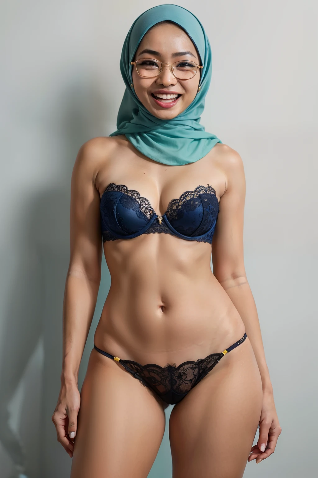 Sexy Malay woman wear strapless lace bra and g-string in front of a yellow and light blue background, laughing, glasses, hijab, small breast, slim, small abs, wide waist, thick thighs,