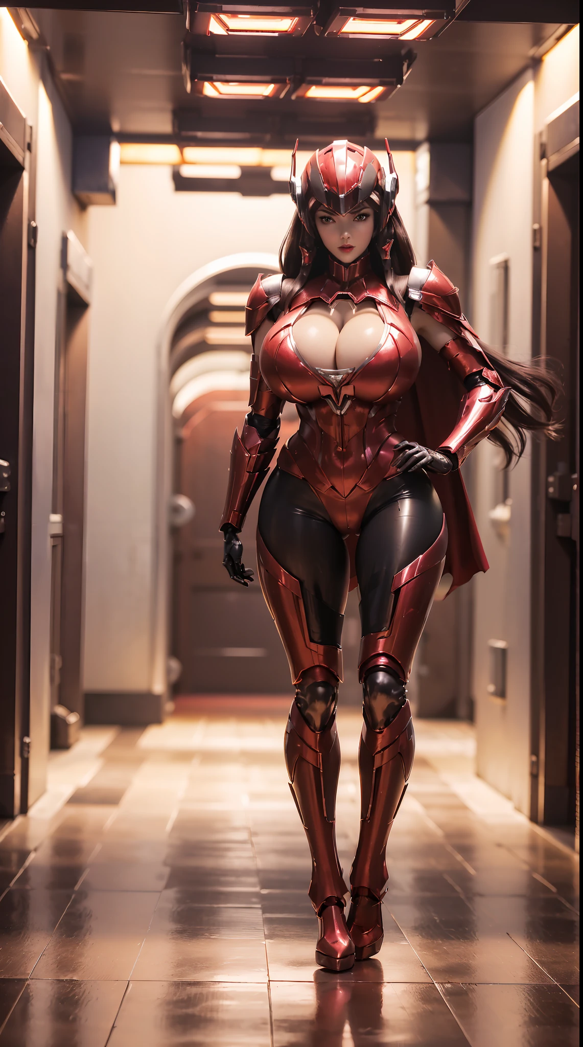 1GIRL, SOLO, (mecha helm:1.3), (BIG BUTTOCKS, HUGE BOOBS:1.4), (DRAGON MECHA GUARD ARM, GLOVES), (Red, MECHA CYBER SHINY ARMORED SUIT, ROYAL CAPE, CLEAVAGE, MECHA SKINTIGHT PANTS, GUARD ARMOR LEGS, HIGH HEELS:1.4), (MUSCULAR BODY, SEXY LONG LEGS, FULL BODY:1.5), (MUSCLE ABS:1.2), (LOOKING AT VIEWER:1), (WALKING DOWN HALLWAY OF FUTURISTIC SPACE STATION:1.3), PHYSICALLY-BASED RENDERING, ULTRA HIGHT DEFINITION, 16K, 1080P.