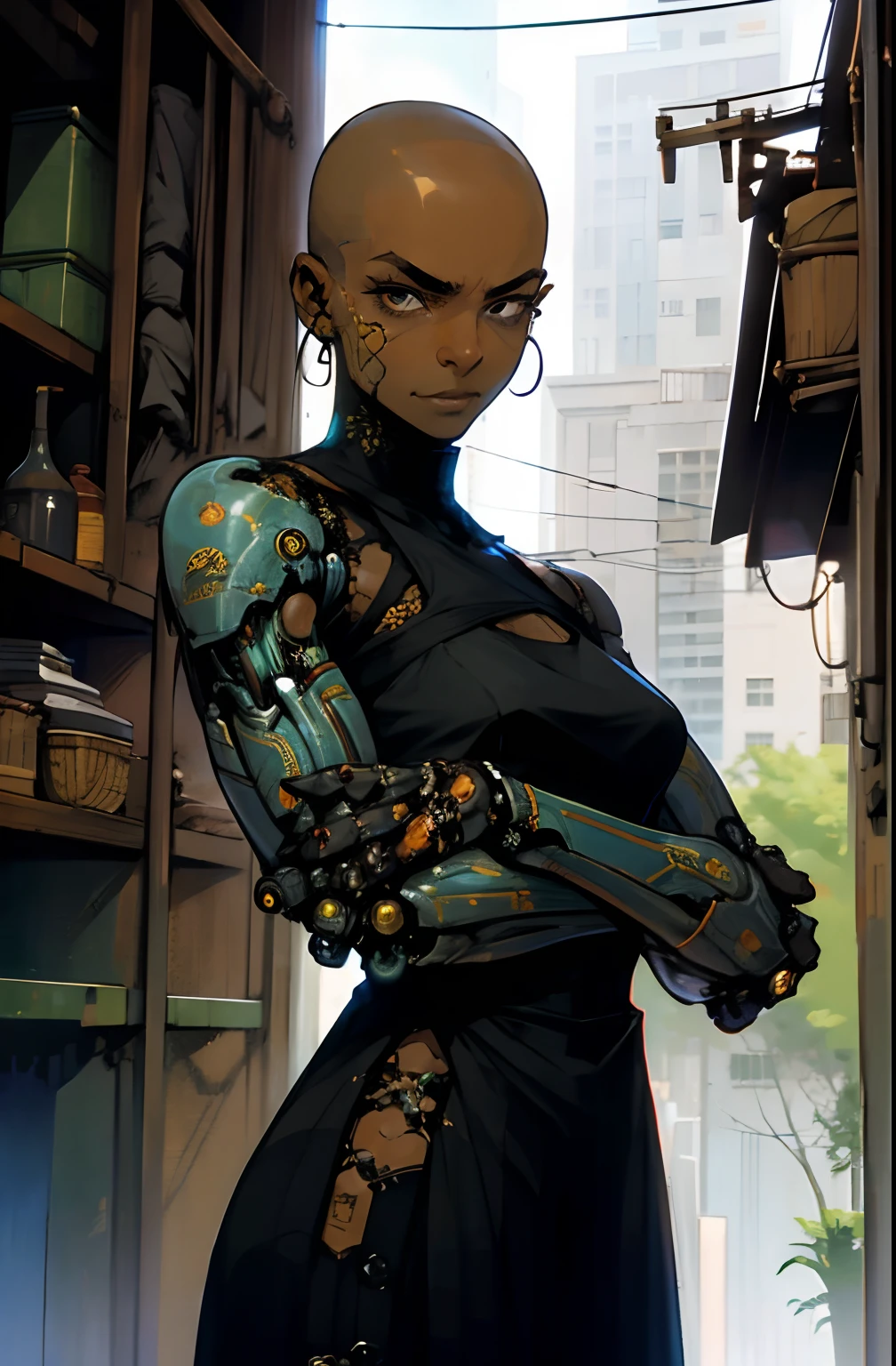 (best quality:1.1),original,1woman,dark skin,shaved head,(black) (full mechanical arms),badass,serious expression,elegant dress,smirk,colorful dress,