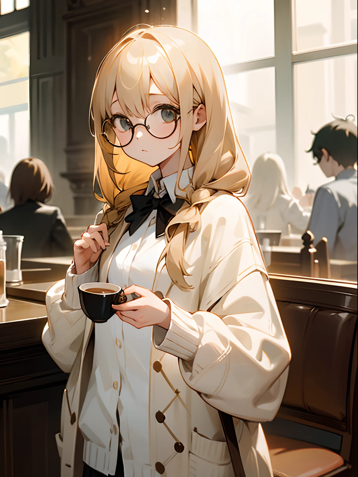 girl with,blondehair,Long,Round glasses,White cardigan,Fashionable,cafes,Bust-up composition