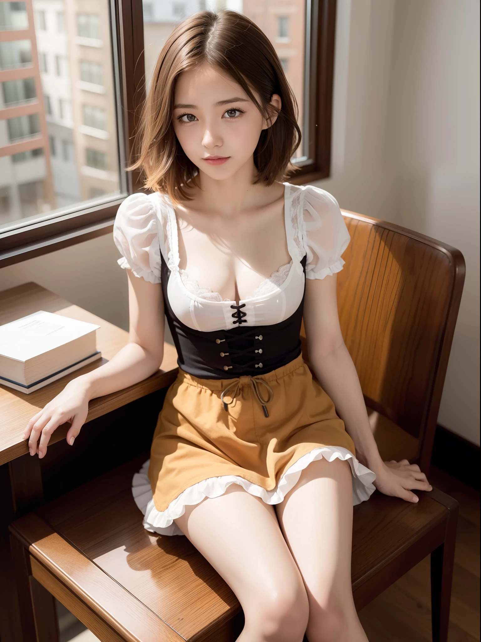 ((of the highest quality, 8K, masutepiece: 1.3, Raw photo)), Sharp Focus: 1.2, (1 AESPA Girl :1.1), Solo, (Realistic, Photorealistic: 1.37), (Face Focus: 1.1), Cute face, hyperdetailed face, (short messy hair: 1.2), Small Smile, Small breasts, flat chest, nude, (dirndl: 1.5), ruffle-skirt, multilayer-skirt, chiffon skirt, sitting spread legs, showing her panties, Thigh, cafe, bar, books