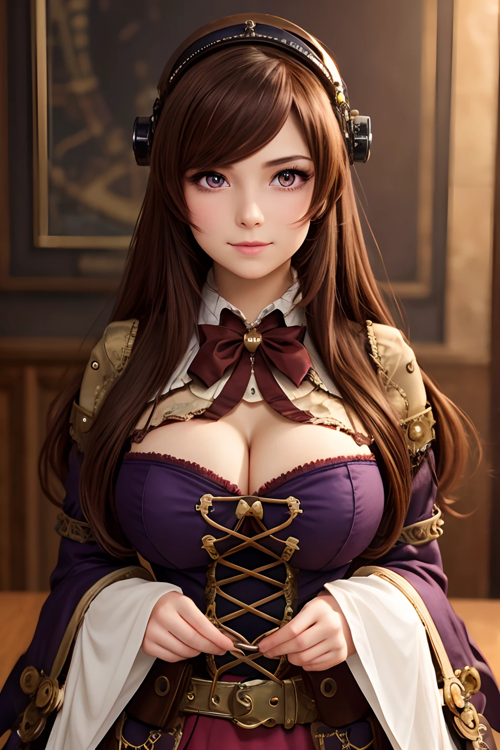 1 heroine, very detailed faces, all body, long brown hair, bust, , Big round purple eyes, The most beautiful face, big and regular breasts, red blush, Steampunk style