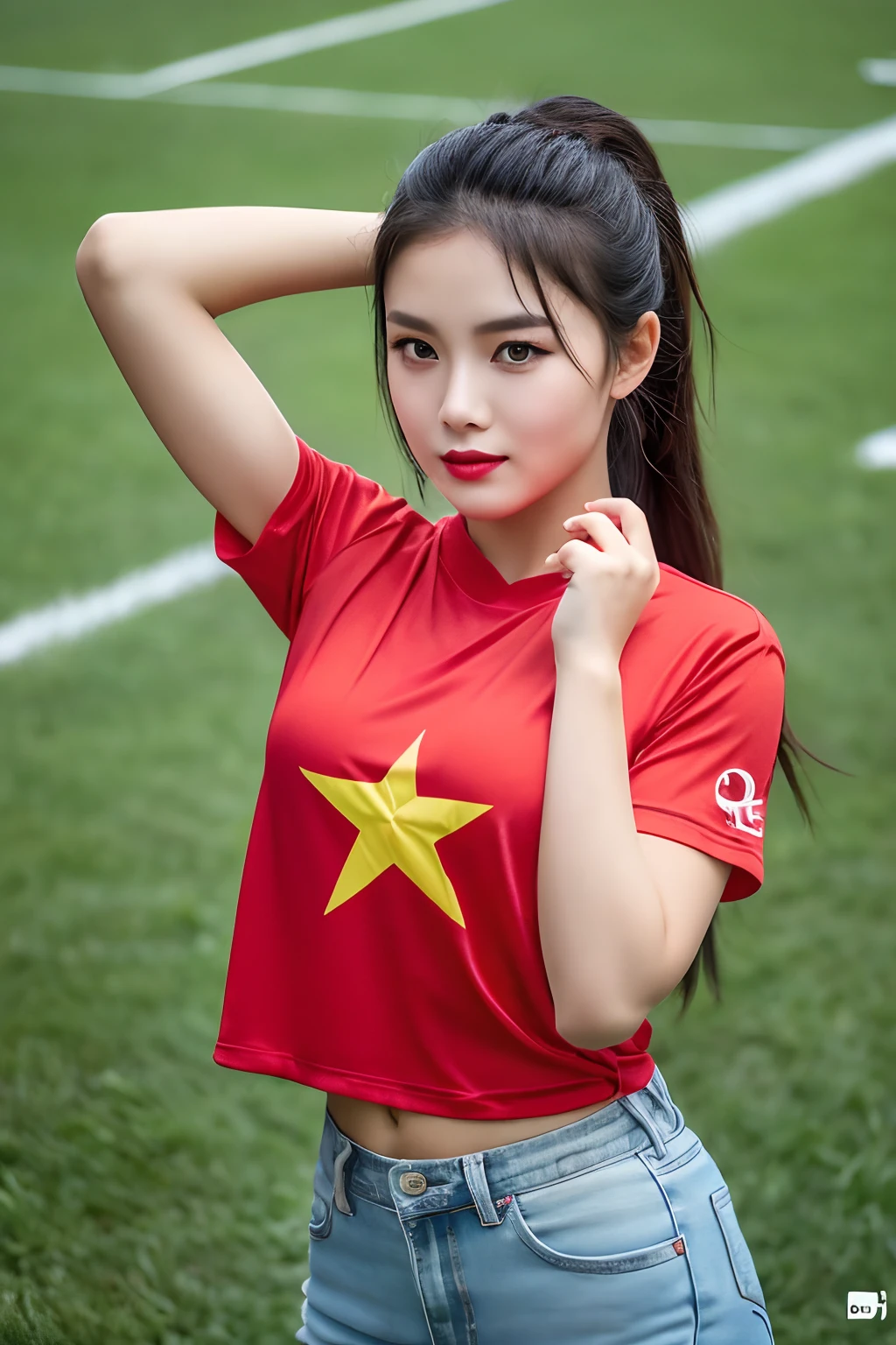 (best quality,4k,8k,highres,masterpiece:1.2),ultra-detailed,(realistic,photorealistic,photo-realistic:1.37),A women football player, vietnam flag , ((vietnam football costume)), 1girl, green grass field, dynamic action, sweat, determination, intense game, powerful kick, victory celebration, stadium lights, professional, (detailed face, lip, nose, rouge, eyeshadow, lipstick, gorgeous face), ( Red clothes, a big yellow star on center T-shirt) vietnam girl, all body shot, all red color clothes, (("vietnam" word on T-shirt))