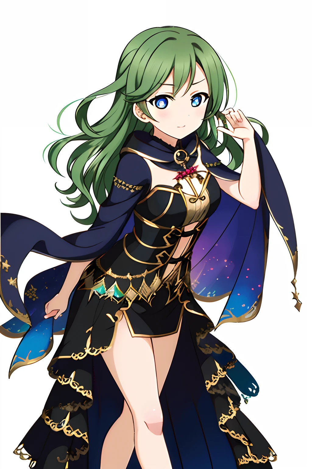 masterpiece, best quality, masterpiece, (1girl), (LLChar),witch, dark energy, blue eyes, (extremely evil), dark magic, dark forest, negaive energy, hell, void, stars, green hair, curly hair,