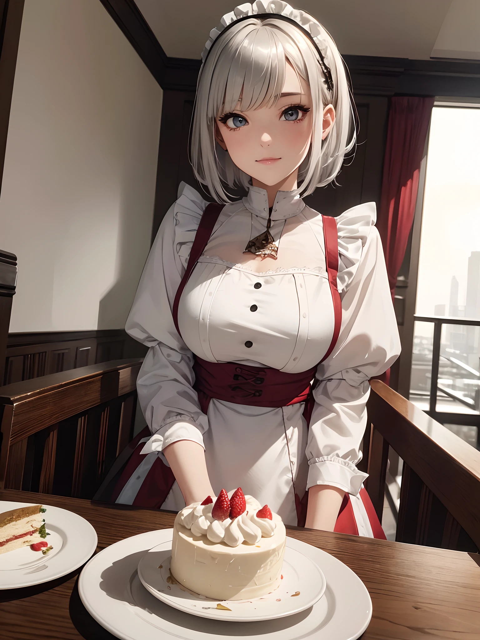 (ultra-realistic, highres, best quality, 4k, professional, cowboy shot), an illustration in Full HD that showcases a 21-year-old girl's cool style, beauty eyes, sharp eyes. Her Asymmetric Pixie hairstyle, silver hair, short hair, and left-facing bangs with red highlights make her stand out. Smile, She's dressed fashioned maid outfit, cafe, siting on the chair with cake on the table, exuding confidence and individuality.