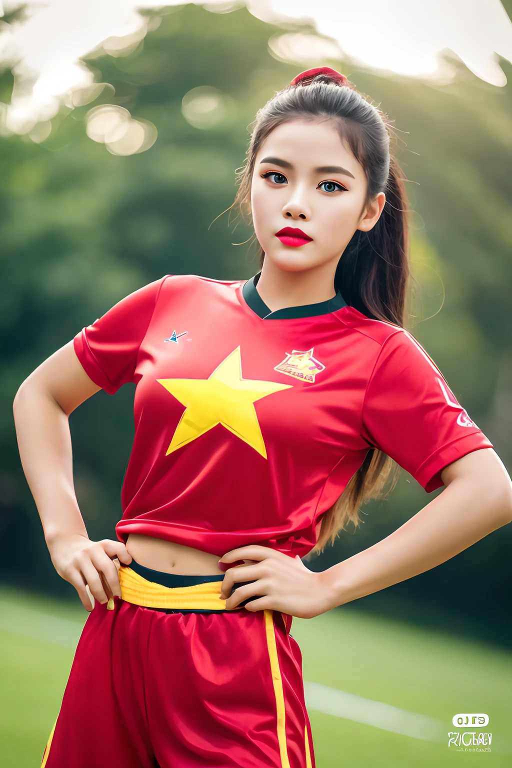 (best quality,4k,8k,highres,masterpiece:1.2),ultra-detailed,(realistic,photorealistic,photo-realistic:1.37),A women football player, vietnam flag , ((vietnam football costume)), 1girl, green grass field, dynamic action, sweat, determination, intense game, powerful kick, victory celebration, stadium lights, professional, (detailed face, lip, nose, rouge, eyeshadow, lipstick, gorgeous face), ( Red clothes, yellow star on T-shirt) vietnam girl, all body shot, all red color clothes