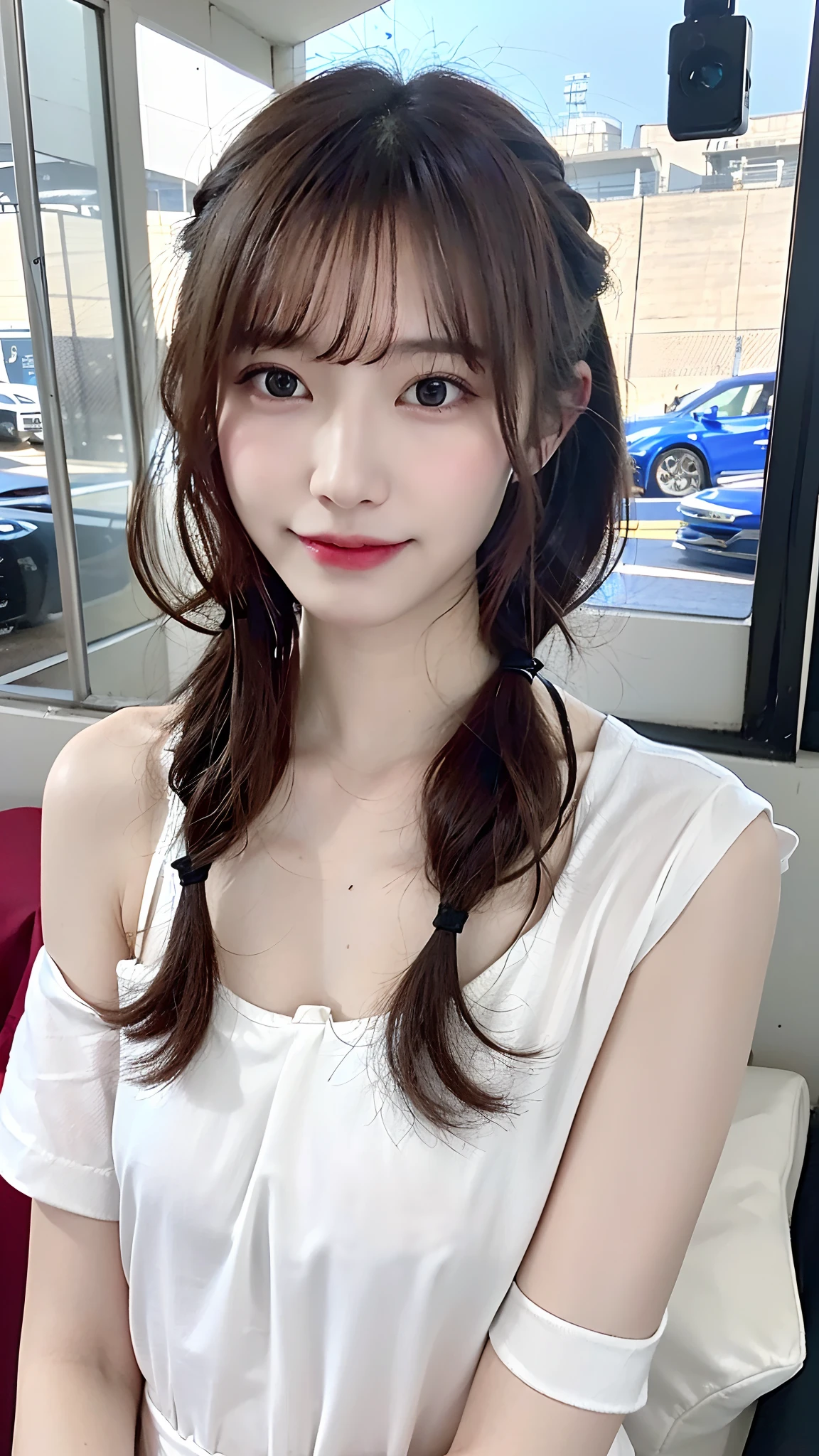 (masterpiece:1.3), (8K, Photorealsitic, Raw photography, Top image quality: 1.4), Japan high school girls、(Random hairstyles:1.2)、(small tits:1.3)、Super Detail Face、Eye of Detail、二重まぶた、foco nítido:1.2、prety woman:1.4、light brown hair、top-quality、masterpiece、超A high resolution、(Photorealsitic:1.4)、very detailed and professional lighting、slender、A smile、(eye line:1.5)、(Looking at the camera)、((Wearing a white camisole:1.8))、(Light Blue Bra:1.1)、(closing eye:1.8、Kiss Face:1.5)、(Look up a little:1.3)