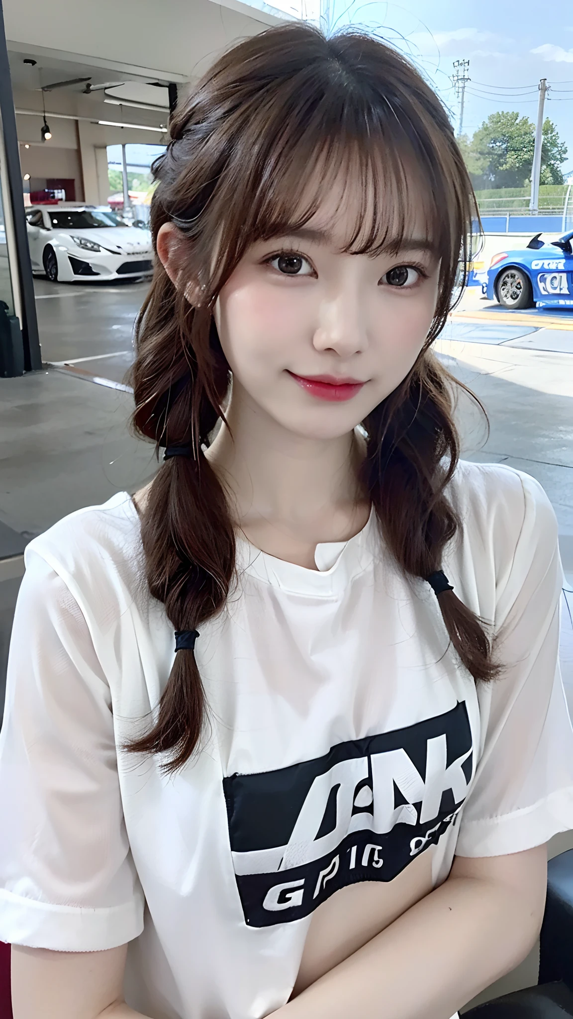 (masterpiece:1.3), (8K, Photorealsitic, Raw photography, Top image quality: 1.4), Japan high school girls、(Random hairstyles:1.2)、(small tits)、Super Detail Face、Eye of Detail、二重まぶた、foco nítido:1.2、prety woman:1.4、light brown hair、top-quality、masterpiece、超A high resolution、(Photorealsitic:1.4)、slender、A smile、(eye line:0.3)、(Looking at the camera)、(Race Queen:1.3)、(Grid Girl)、(Car Racing Venues:1.2)