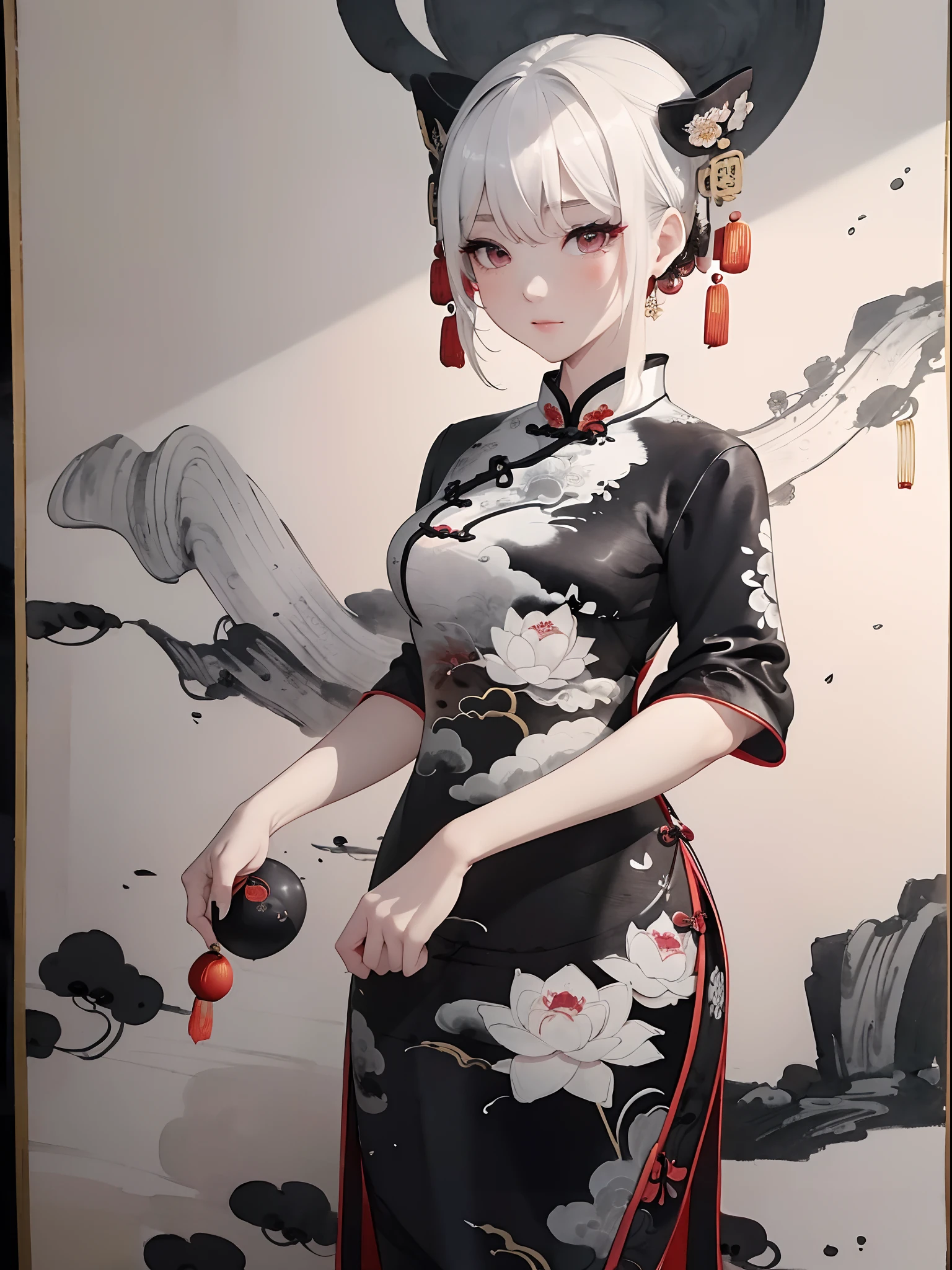 ((8K,​masterpiece、top-quality))、((Traditional Chinese Ink Painting:1.4)),lotuses,((qipao dress:1.3)),Dress conservatively ,独奏、white  hair、fox ear、blanche,looking at viewert