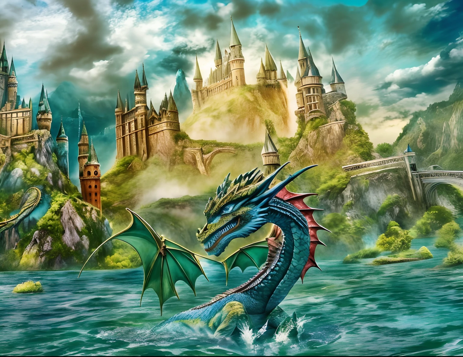 there is a dragon that is in the water near a mountain, water dragon, water everwhere fantasy, in front of a fantasy city, closeup fantasy with water magic, fantasy water color, background hogwarts, dragon in the background, colossal dragon in background, guardian of the holy lake, fantasy sea landscape, serpentine water monster, medieval fantasy landscape, REFINE, high resolution