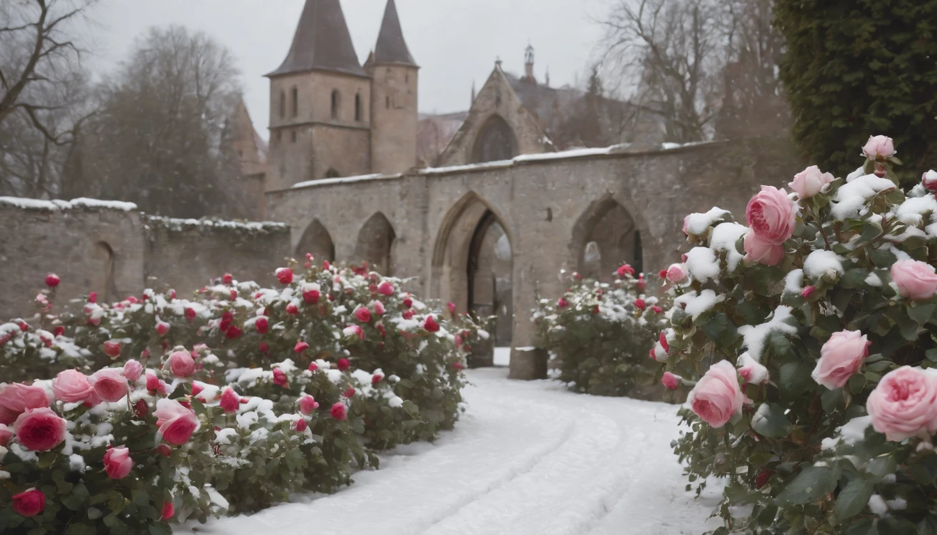 medieval rose garden in the snow with blooming Hungarian roses and a winding path, gothic, beautiful, cinematic scene from film, ultra detailed, high res, 8k, cinematic