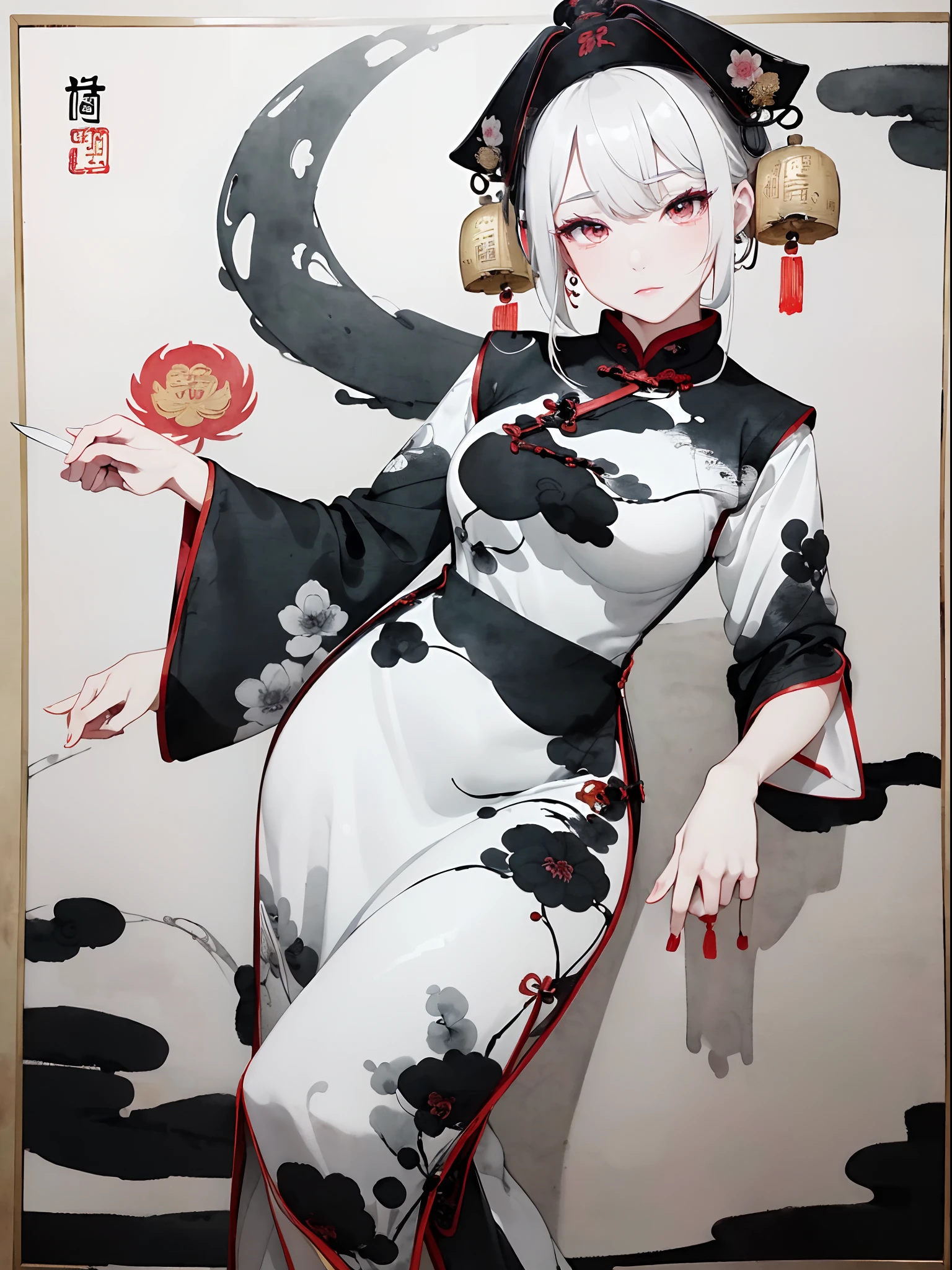 ((8K,masterpiece、top-quality))、((Traditional Chinese Ink Painting:1.4)),lotuses,((qipao dress:1.3)),Dress conservatively ,独奏、white hair、fox ear、blanche,looking at viewert