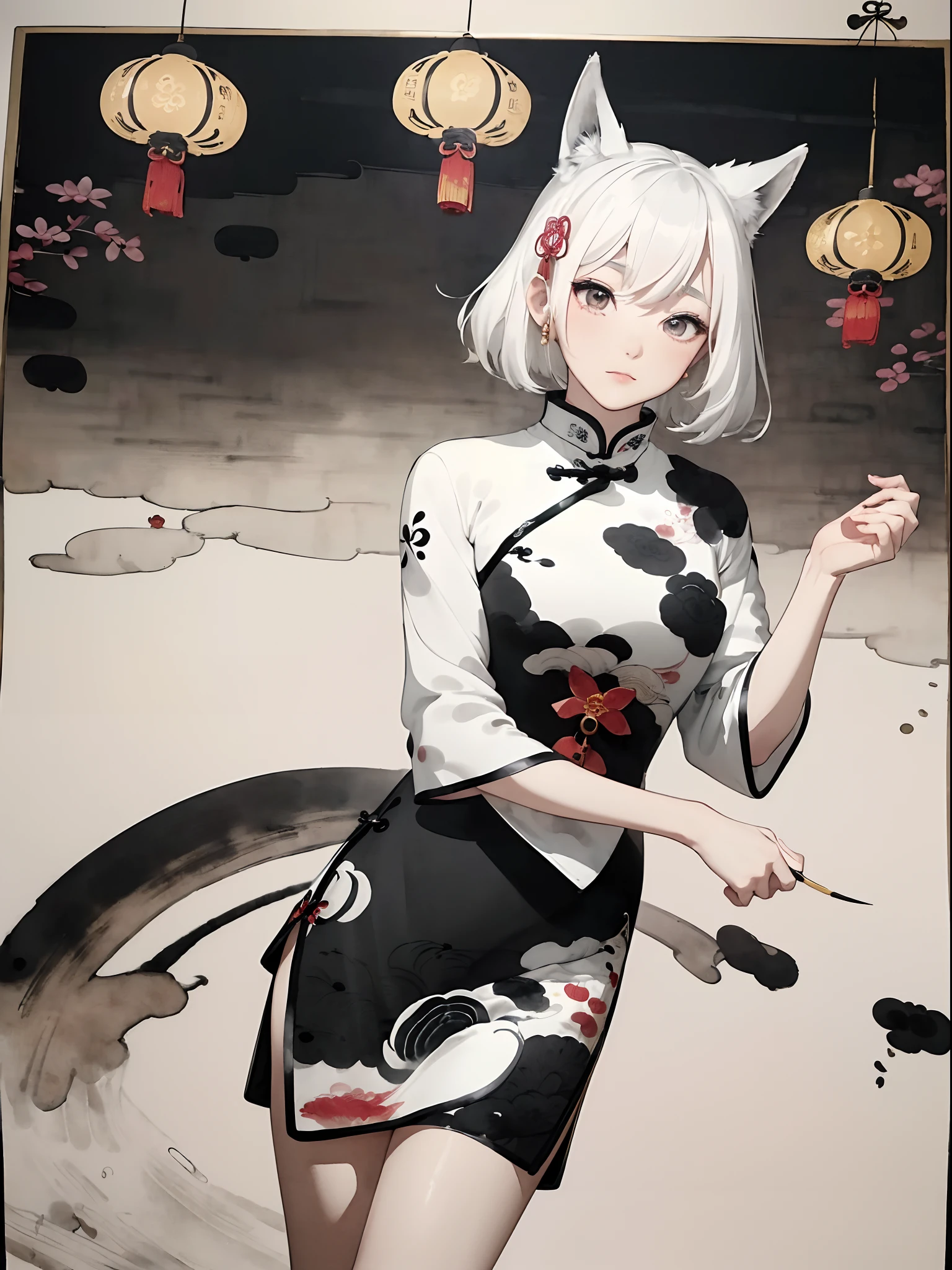 ((8K,masterpiece、top-quality))、((Traditional Chinese Ink Painting:1.4)),lotuses,((qipao dress:1.3)),Dress conservatively ,独奏、white hair、fox ear、blanche,looking at viewert