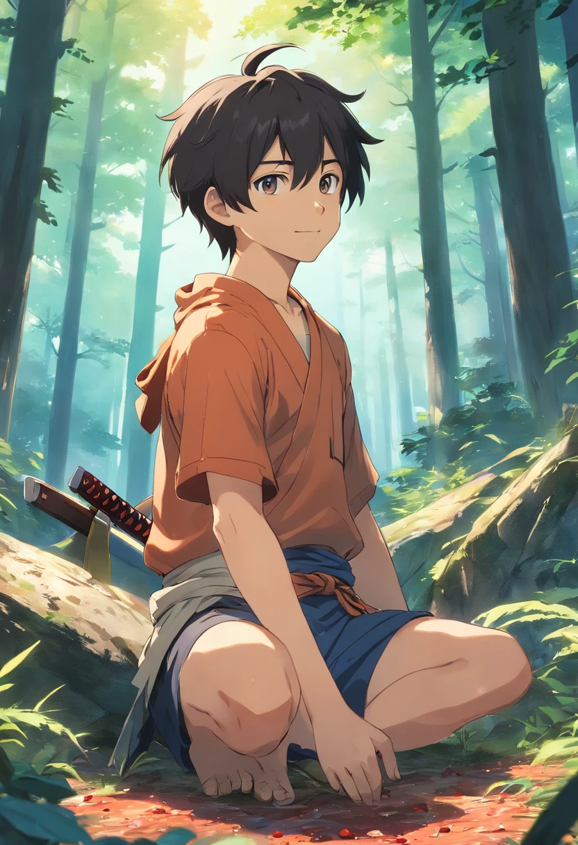 A very detailed photo of a young boy transformed into a anime stlye, he has grey eyes, shoulder length black hair, and him wearing nothing but a tornup loincloth as he sits surrounded by dead bodies of medieval soldiers in a forest as his katana that is resting on his shoulder is covered in blood , backlit background highlighting the subject, high-contrast colors, 4K high-definition quality,young, smiling, handsome