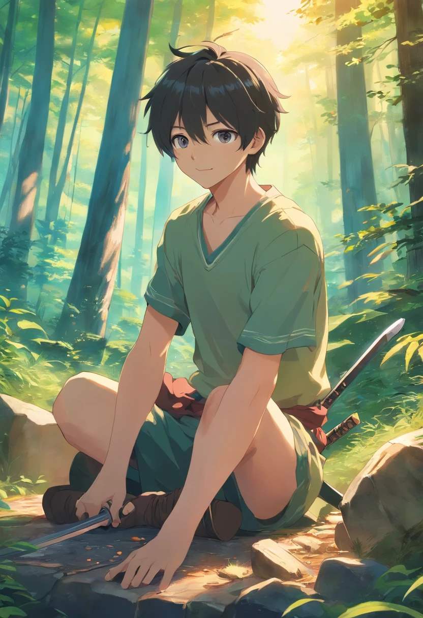A very detailed photo of a young boy transformed into a anime stlye, he has grey eyes, shoulder length black hair, and him wearing nothing but a tornup loincloth as he sits surrounded by dead bodies of medieval soldiers in a forest as his katana that is resting on his shoulder is covered in blood , backlit background highlighting the subject, high-contrast colors, 4K high-definition quality，young, smiling, handsome