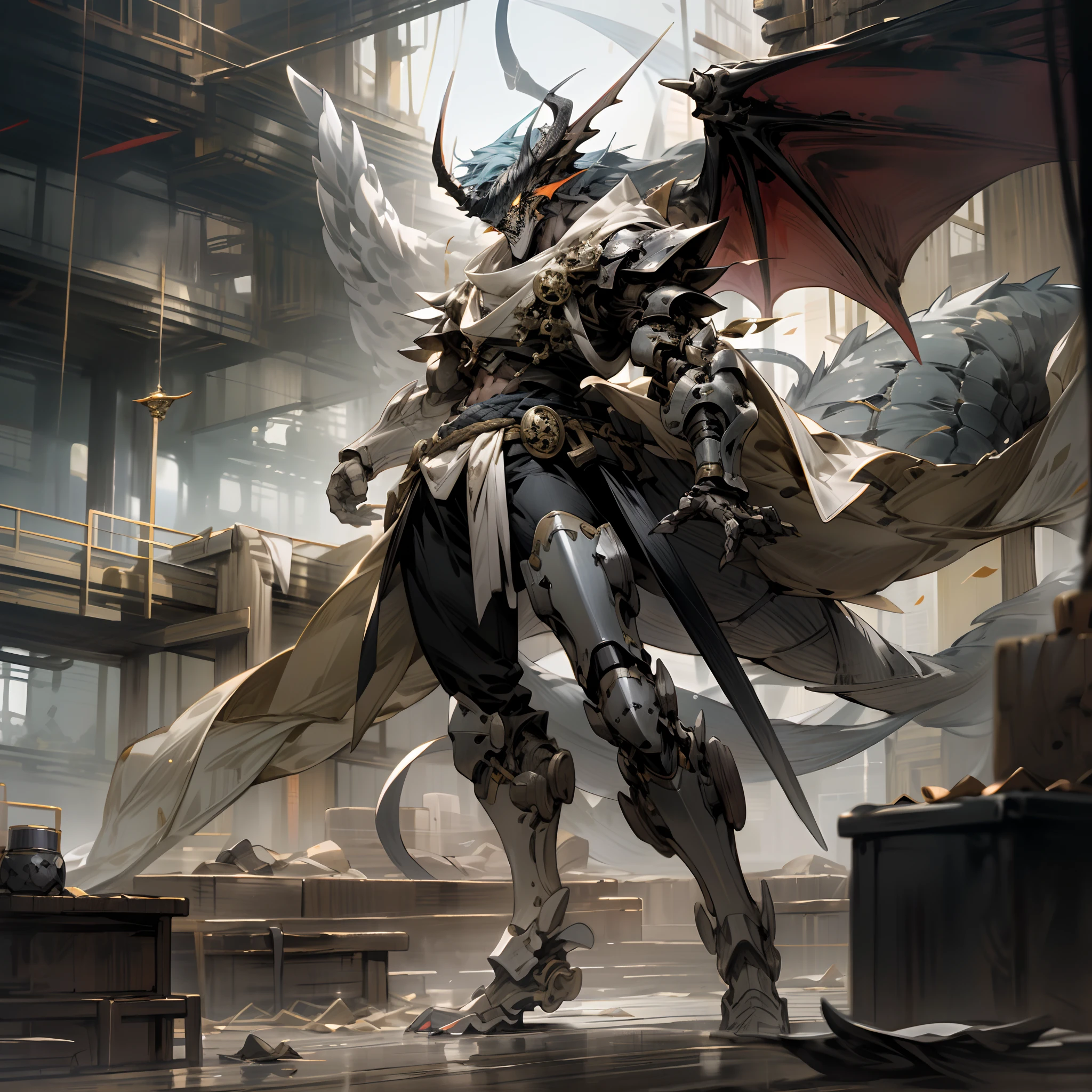 (Masterpiece), Best quality, Ultra-detailed CG unity 8k wallpaper, high resolution, Demon God, demon,Inhuman,droid,Great dragon tail,Dragon wings,sharp talons,gray colored skin,White belly,Black armor all over, Head,Machine body,Robust body,the night,The station is on the ruins,erect through,火焰,residue,Handsome,loincloth,Tachi,Full body like,Carry the wind,The wind blows the cloth(Structural design drawings)