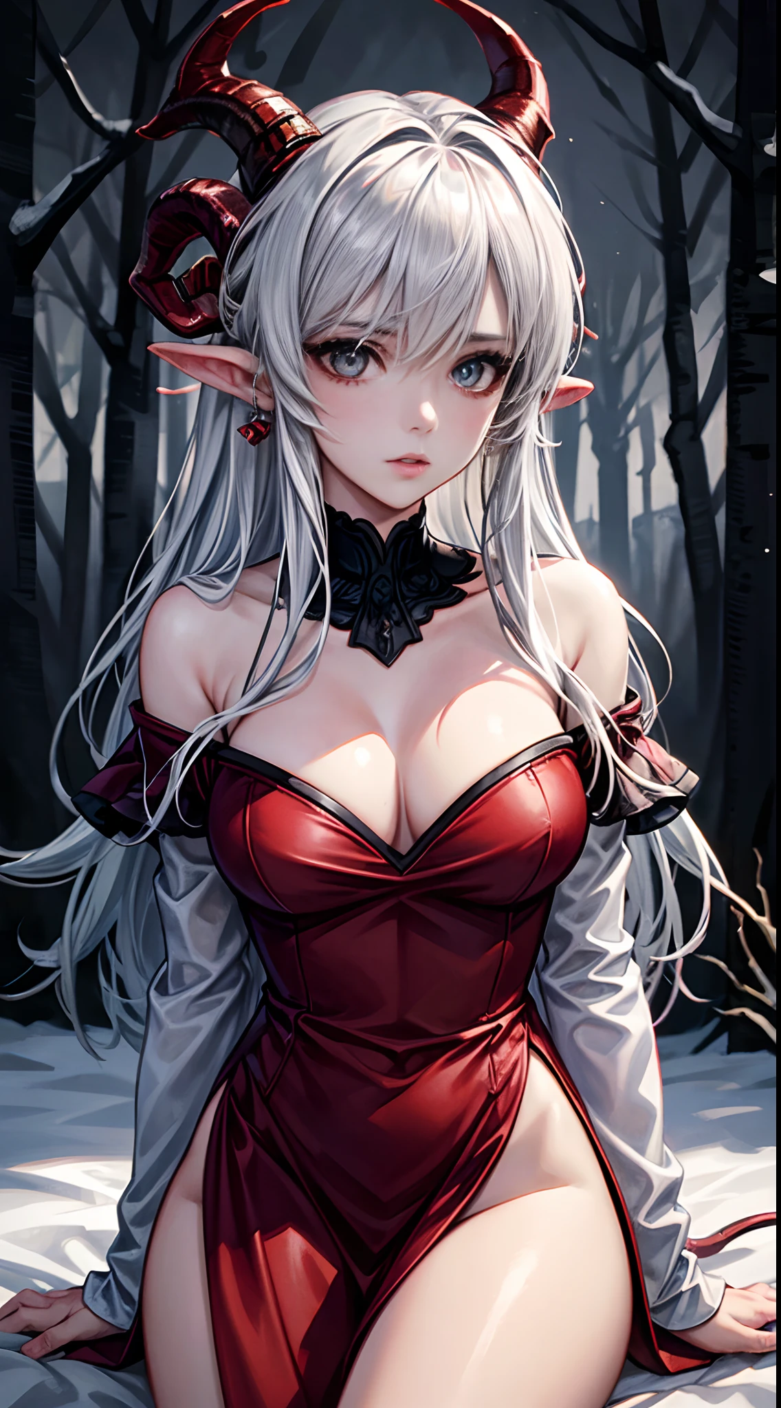 frozen forest as background, female devil with the horns, fire as background, White color hair, Off-the-shoulder attire, sexy dress, masterpiece, (high detail:1.1), Rough face, seductive, sexy pose, fashion model posing, Large breasts, Natural skin, high quality, NSFW, beautiful eyes, (Detailed face and eyes), (the face: 1 2), noises, Extra, real photograph, PSD, Lamp film photography, sharp focus, contrasty lighting, Delicate skin, High resolution 8K, insanely details, realistic-lying, professional photo shooting, 8K UHD, SLR camera, soft lighting, high high quality, film-grain, Fuji film XT3