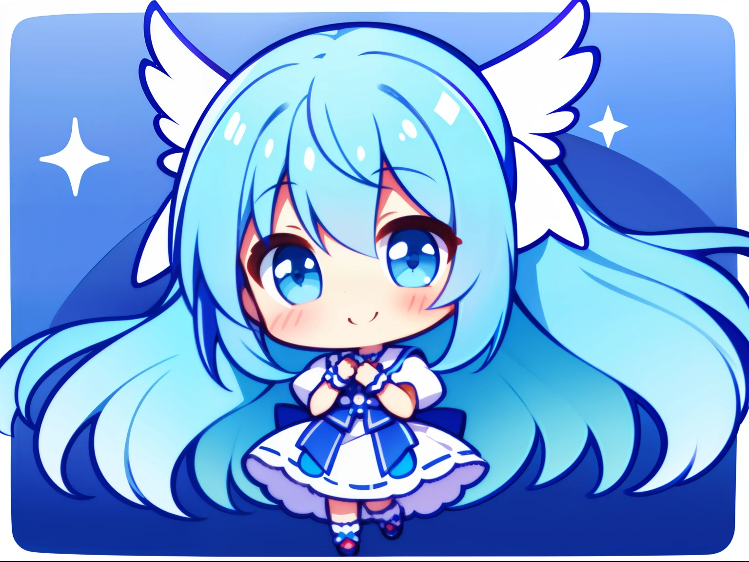 Little Girl adorable smiling With colorful angel wings、Flying in the sky。long hair with blue hair((Chibi Chara))、Girl in cute costume、Chibi Chara、full body Esbian、Pastel colors hair、masutepiece、top-quality、Large in the center