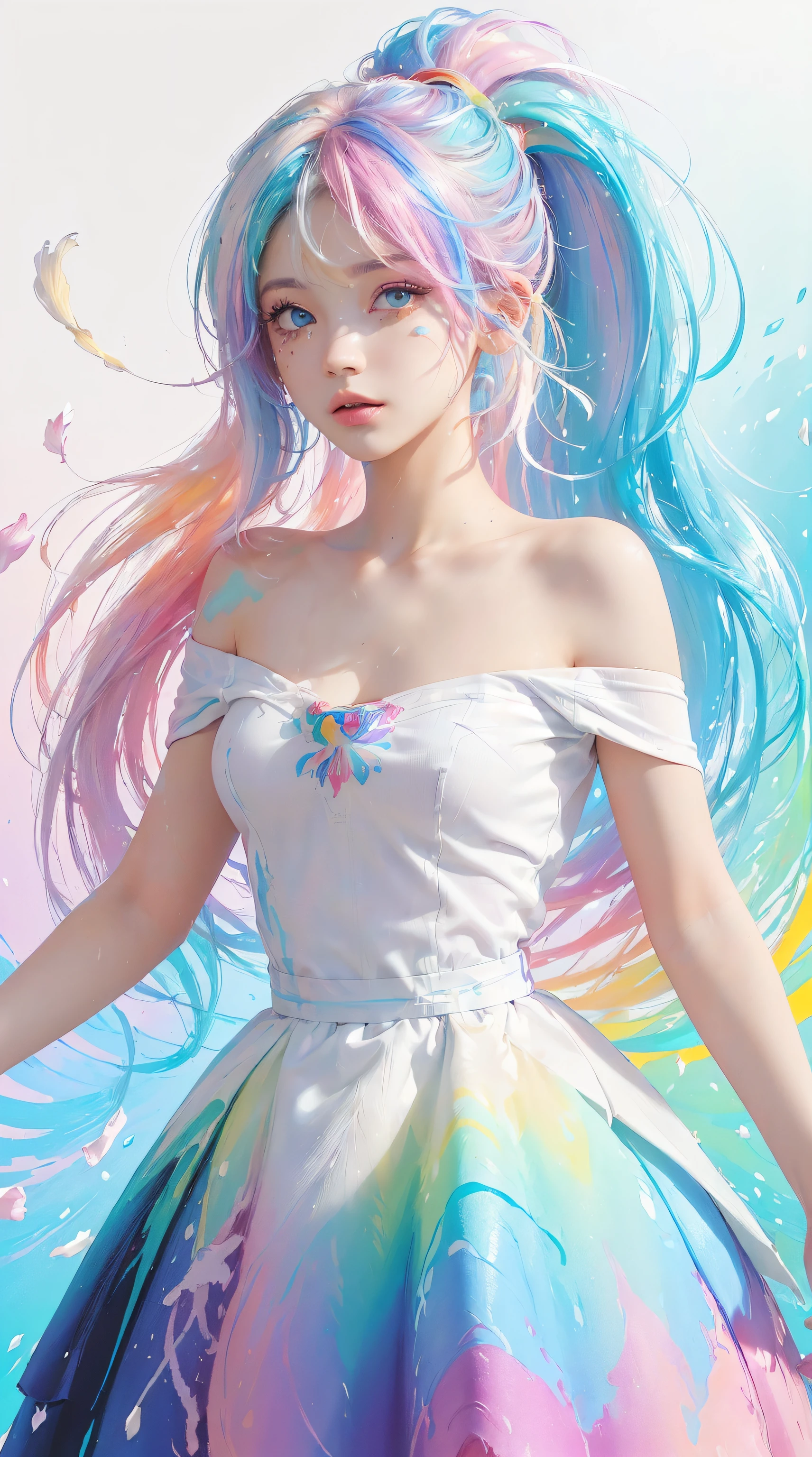 (masterpiece, Top quality, best quality,watercolor (Moderate),Official Art, beautiful and aesthetic:1.2),(1 Girl:1.3), (Fractal Art:1.3),Upper Body,, Looking at the audience,model,(Rainbow Hair,rich and colorful hair,Half blue half pink hair:1.2),water,liquid, cloud,rich and colorful, Starry Sky,Star,