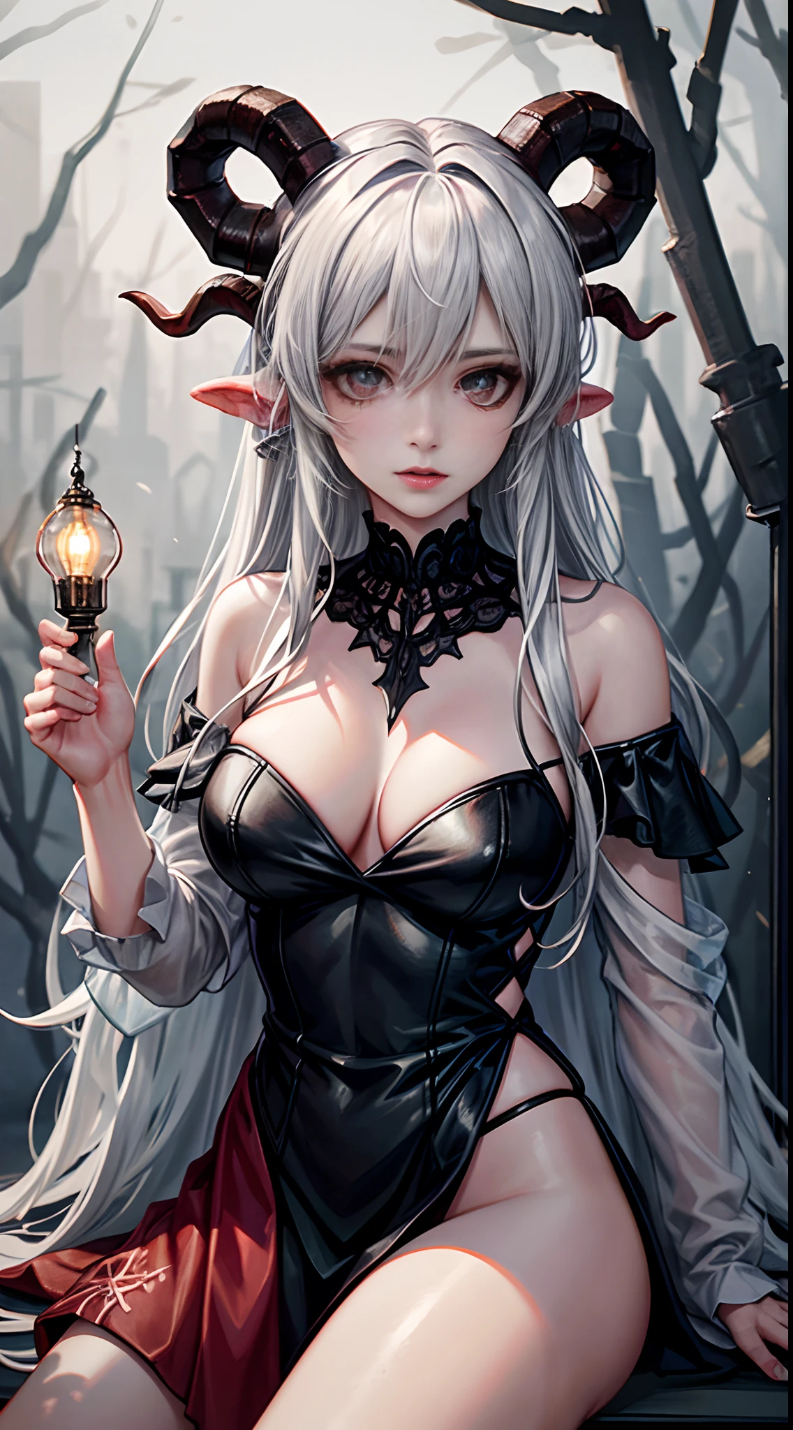frozen forest as background, female devil with the horns, fire as background, White color hair, Off-the-shoulder attire, sexy dress, masterpiece, (high detail:1.1), Rough face, seductive, sexy pose, fashion model posing, Large breasts, Natural skin, high quality, NSFW, beautiful eyes, (Detailed face and eyes), (the face: 1 2), noises, Extra, real photograph, PSD, Lamp film photography, sharp focus, contrasty lighting, Delicate skin, High resolution 8K, insanely details, realistic-lying, professional photo shooting, 8K UHD, SLR camera, soft lighting, high high quality, film-grain, Fuji film XT3