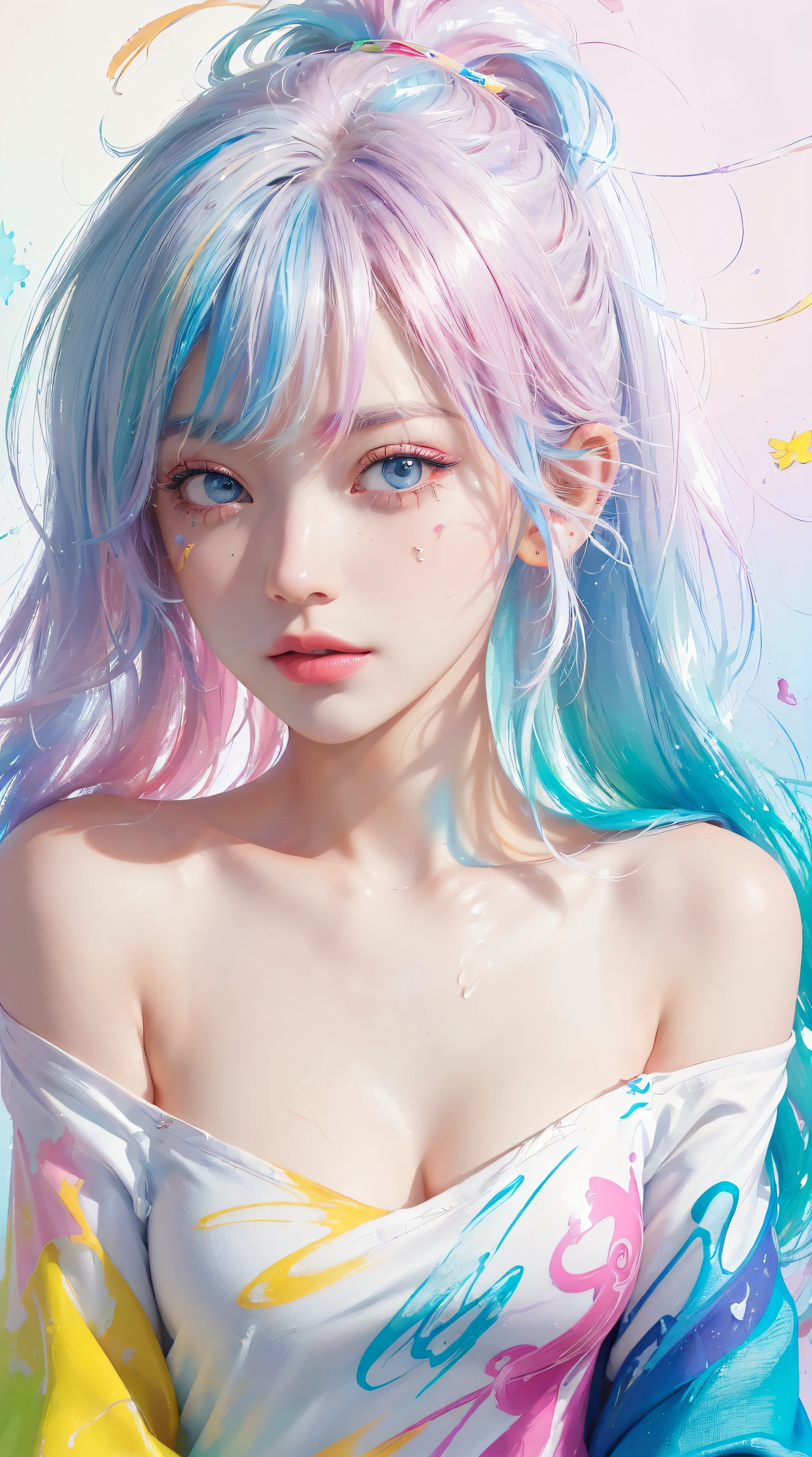 (Pink Fashion T-shirt:1.9),(Colorful hair: 1.8), (all the colours of the rainbow: 1.8),(((((vertical painting:1.6))), (painting:1.6),front, comics, illustrations, paintings, large eyes, crystal clear eyes,( rainbow color gradient high ponytail:1.7), exquisite makeup, closed mouth,(Small Fresh: 1.5),(Wipe Chest: 1.6) ,long eyelashes, white off shoulder T-shirt, White Shoulder Shirt,looking at the audience, large watery eyes, (rainbow colored hair:1.6), color splash, (solo:1.8), color splash, color explosion, thick paint style, messy lines, ((shining)),(colorful), (colorful), (colorful), colorful, Thick Paint Style, (Splash) (Color Splash), Vertical Painting, Upper Body, Paint Splash, Acrylic Pigment, Gradient, Paint, Highest Image Quality, Highest Quality, Masterpiece, Solo, Depth of Field, Face Paint, colorful clothes, (Elegant: 1.2), gorgeous,long hair, wind, (Elegant: 1.3), (Petals: 1.4),(((masterpiece))),(((best quality))),((ultra-detailed)),(illustration),(dynamic angle),((floating)),(paint),((disheveled hair)),(solo),(1girl) , (((detailed anima face))),((beautiful detailed face)),collar,bare shoulders,white hair, ((colorful hair)),((streaked hair)),beautiful detailed eyes,(Gradient color eyes),(((colorful eyes))),(((colorful background))),(((high saturation))),(((surrounded by colorful splashes))),