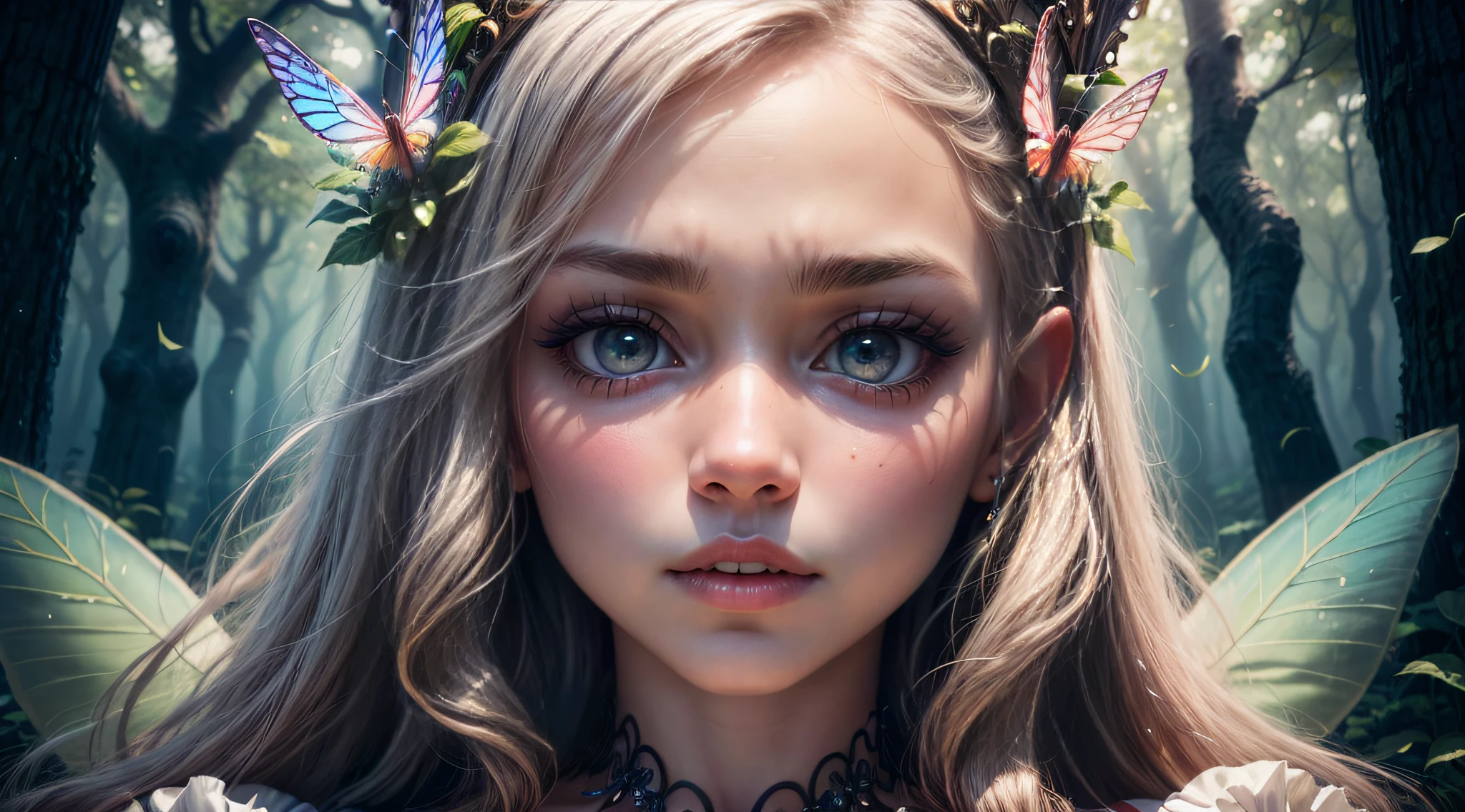 (most detailed),close-up view of a young girl exploring a magical encounter,gigantic mushroom,ethereal butterflies,misty wonderland,enchanting details,(best quality,4k,8k,highres,masterpiece:1.2),ultra-detailed,realistic,beautiful detailed eyes,beautiful detailed lips,long eyelashes,enchanted forest,fairy tale ambiance,vibrant colors,soft lighting,magical glow