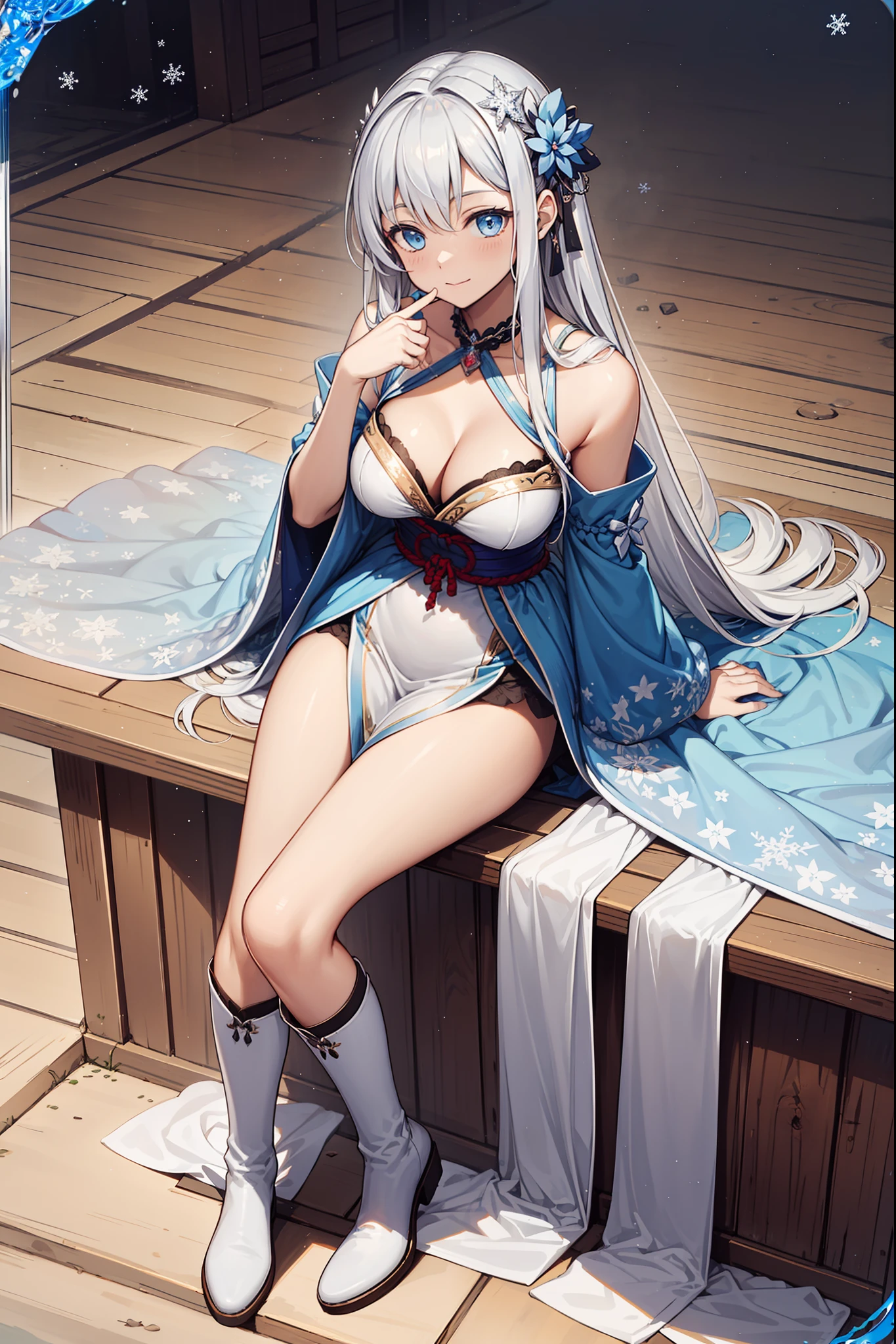 saints,seductiv,having fun,Being in love,(Western magic white dress),silber hair,eBlue eyes,Suitable transparent clothing,Decoration of saints,Sky blue cloth,Snowflake pattern,Sky blue pattern,Snowy nights,Transparent lace,exquisite costumes,Sit Pose,solo person,Japanese courtyard,(natta:1.1),nevando,(Suspender boots:1.1),Delicate and beautiful face,Sit Pose