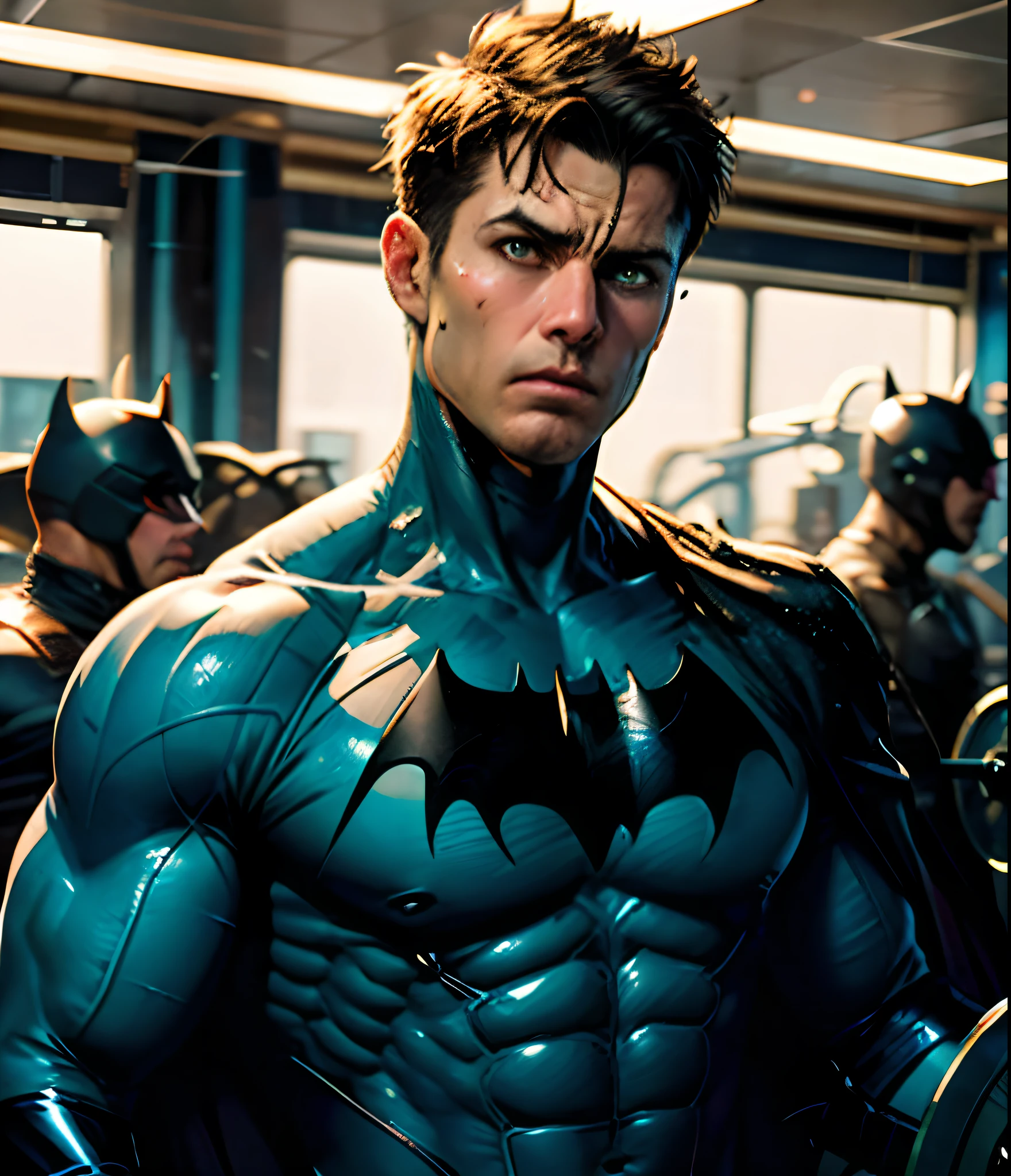 Batman sweating after chest workout