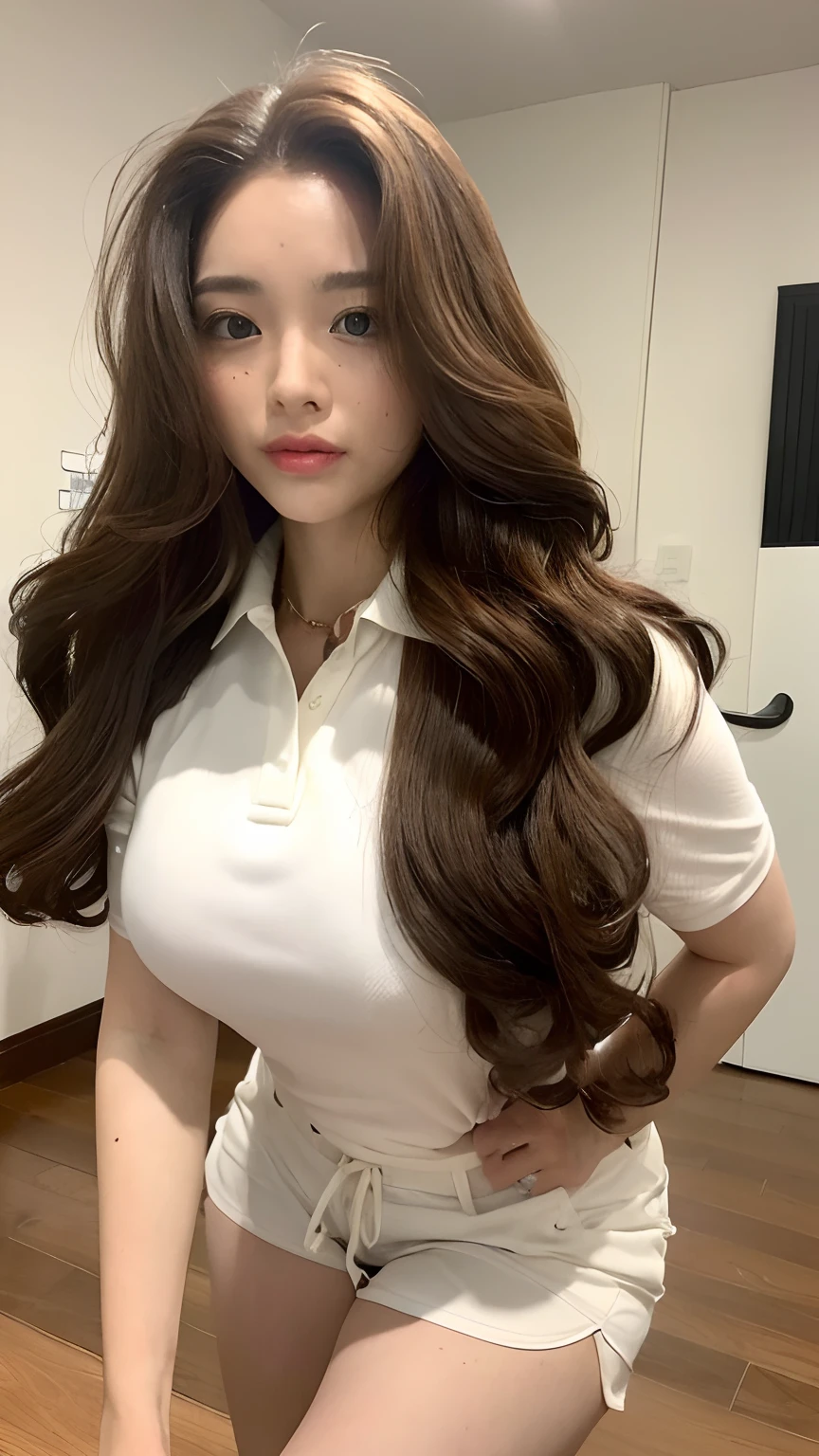 ((best qualtiy, 8K, tmasterpiece:1.3)), Focus:1.2, perfect figure beautiful woman:1.4, Cocked buttocks:1.2, ((Random Long Thick Hairstyle) ((Brown Wavy Hair In Big Curls))(Long white legs:1.3,(Polo shirt With Shorts:1.2) , (inside in room: 1.2), Highly detailed facial and skin texture, A detailed eye, 二重まぶた,Whiten skin,(Straight big breasts:1.3), looking at camera, Wear a necklace,